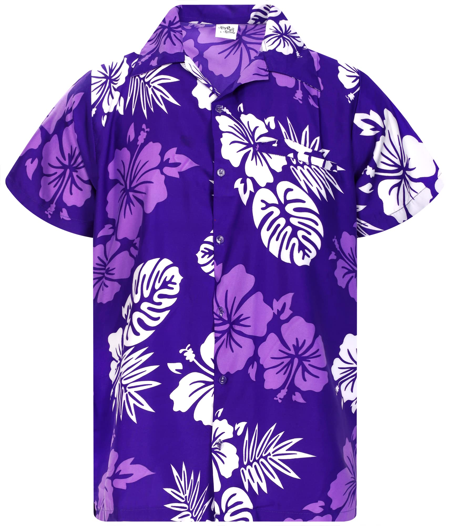 King Kameha Floral Hawaiian Shirt for Men – Tropical Men’s Hawaiian Shirt Short Sleeve, Mono-Hibiscus, Purple-White, 4XL