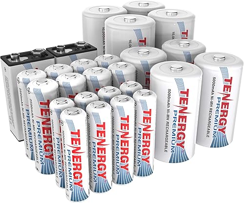 Tenergy Paquete combinado de batería recargable NiMH de alta capacidad, incluye todos los tamaños de baterías 8xAA 8xAAA 4xC 4xD 2x9V baterías