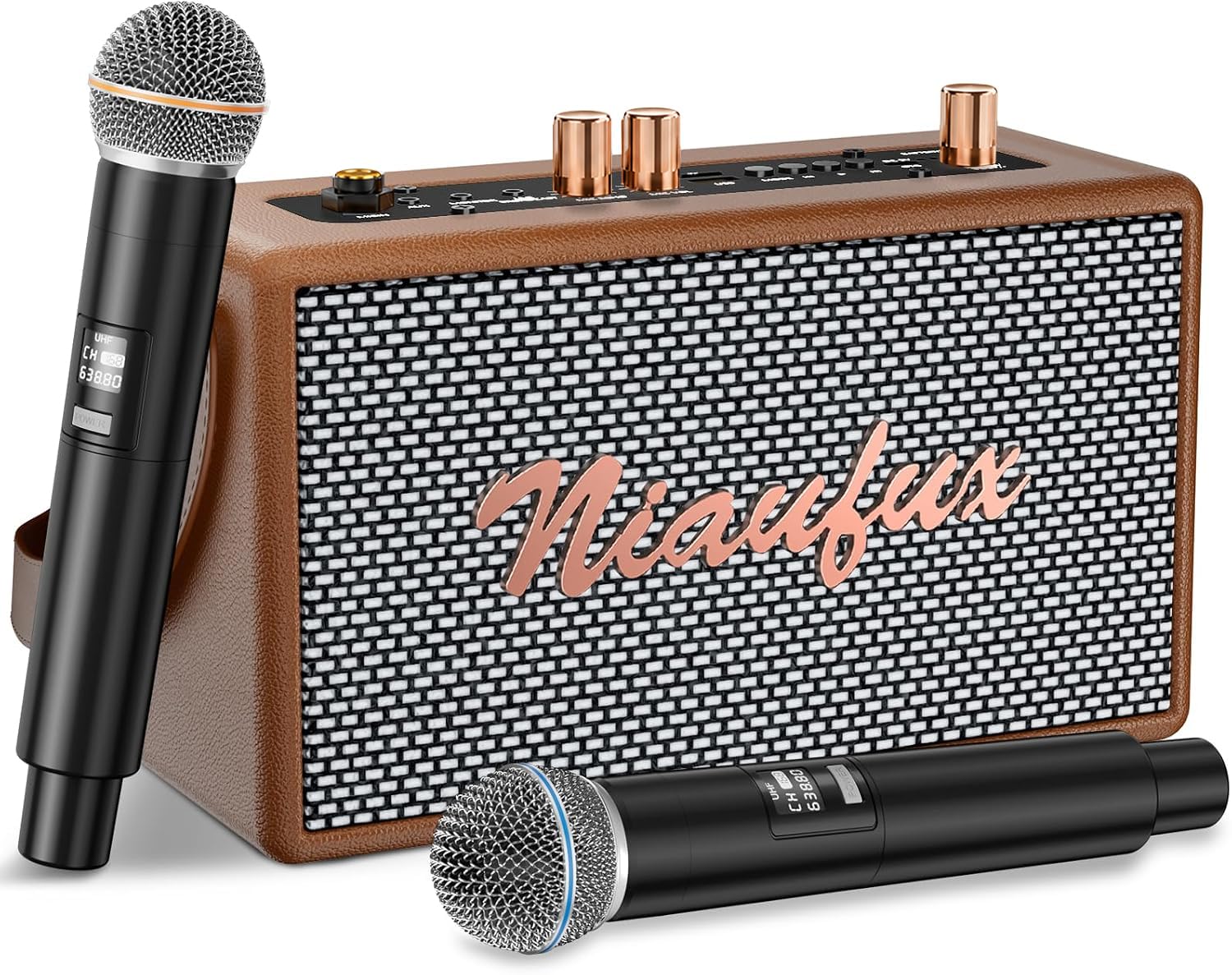 Máquina de karaoke retro con dos micrófonos inalámbricos, altavoz Bluetooth portátil para adultos y niños, sistema PA recargable para fiestas en casa, soporte AUX/USB/TF/OTG, regalos de decoración