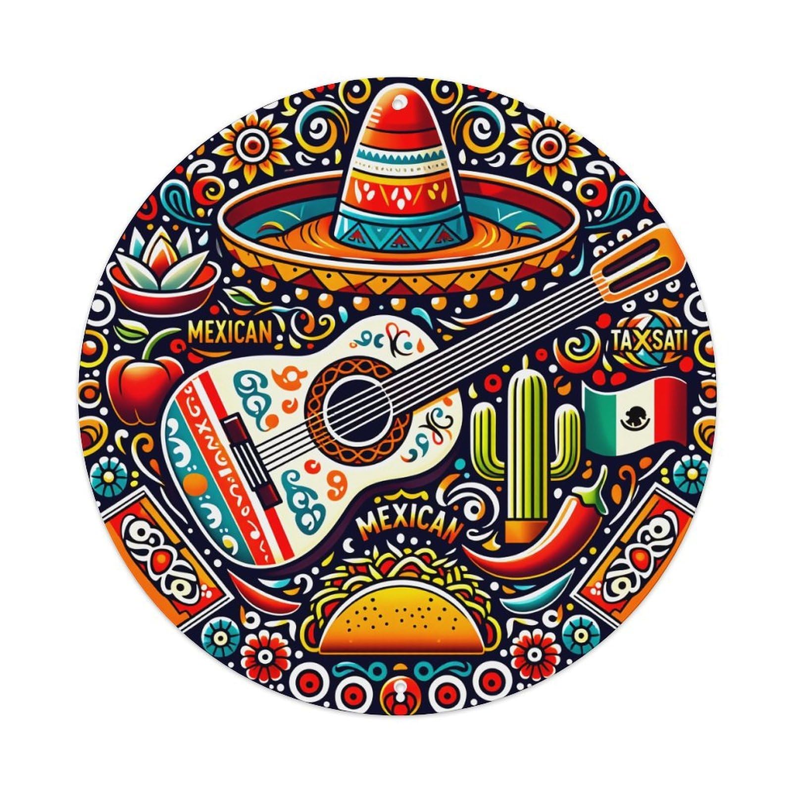 Wmlzdnwr Vintage Mexican Guitar Cactus Sombrero Taco Flag Pepper Flower Round Tin Sign,Retro Wall Art,Metal Poster For Home, Bar, Garage, Cafe, Rustic Indoor & Outdoor Decor, 8X8 Inches