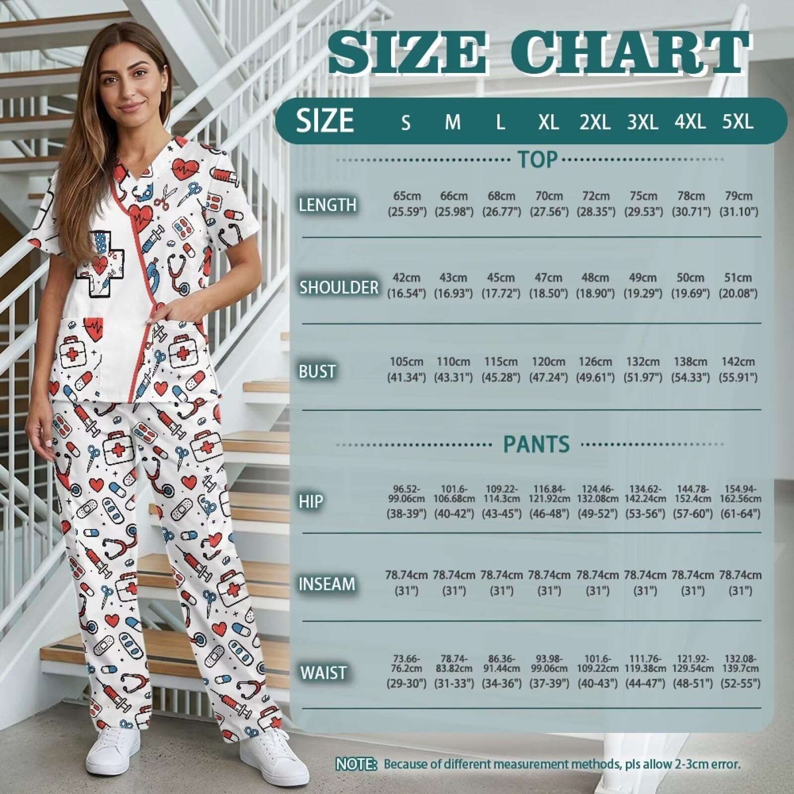 Set di scrub con stampa carina con scollo a V e pantaloni a gamba dritta con 6 tasche, per infermieri, abbigliamento da lavoro, facile da pulire