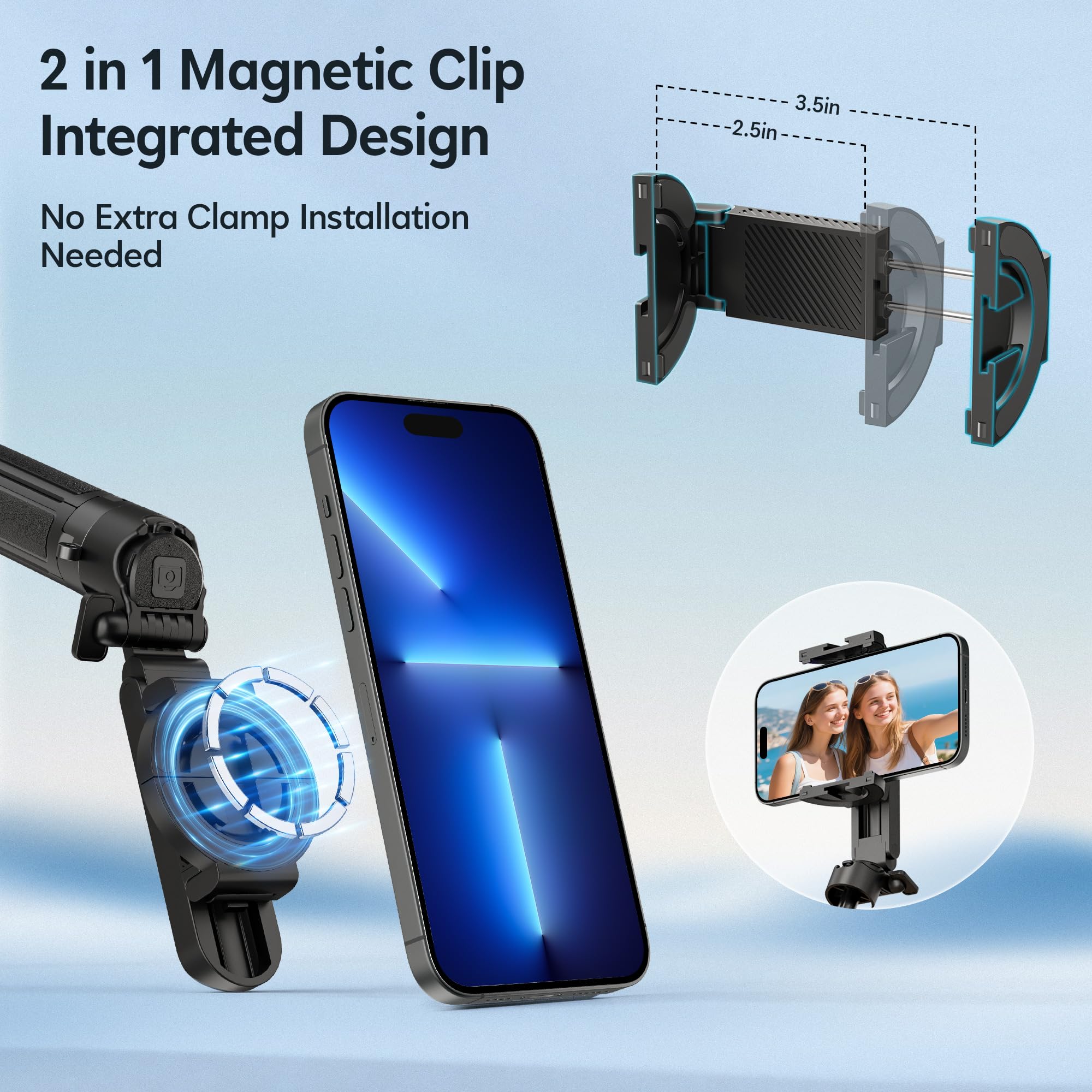 Mini selfie stick magnetico per iPhone, 4 in 1, treppiede portatile tascabile per iPhone MagSafe/Android con supporti remoto/cold shoe, treppiedi piccolo/compatto per cellulare, per scrivania, viaggi