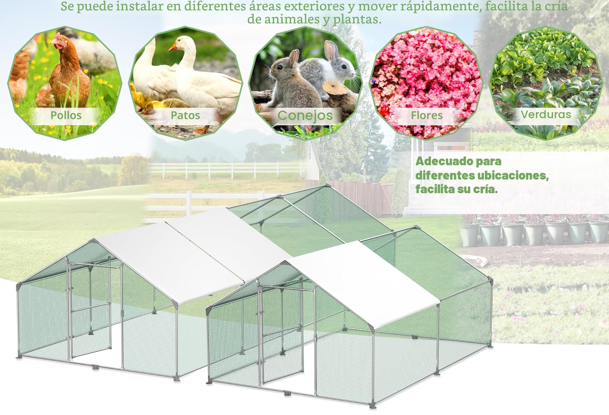 LZQ Gallinero exterior con tejado, estructura de acero galvanizado con polietileno (3 x 6 x 2 m)