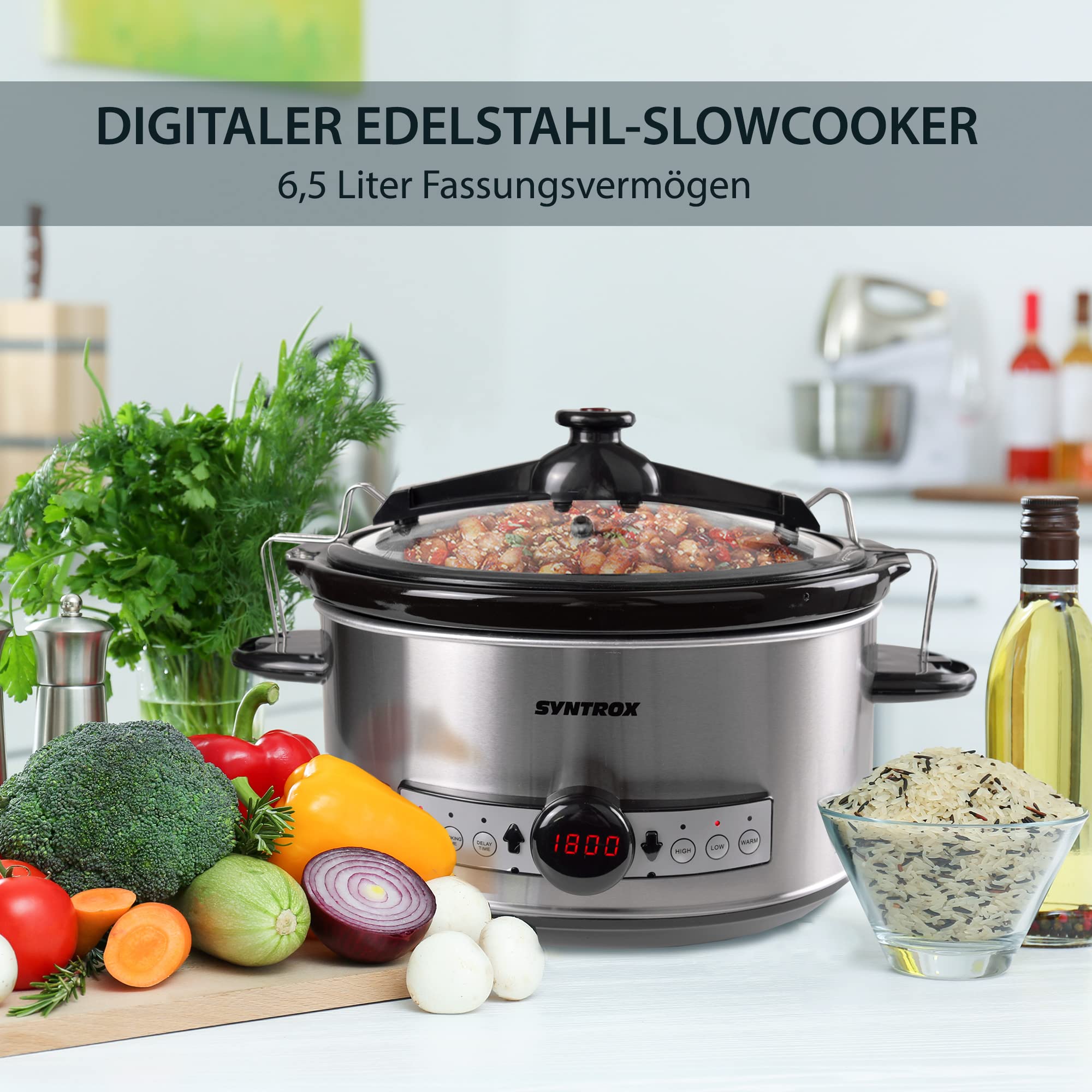 Syntrox Germany Slow Cooker Schongarer 6,5L mit Timer und Warmhaltefunktion - Leistung 320 Watt