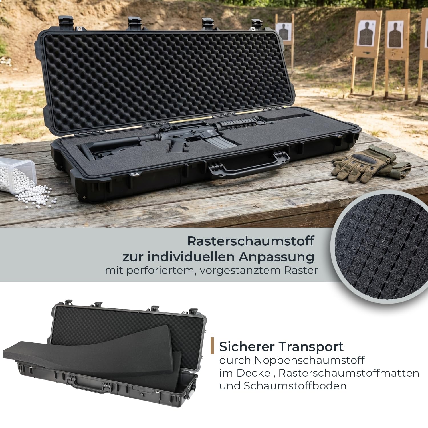 HMF Outdoor Waffenkoffer für Langwaffen ODK200, Wasserdichter IP67 Gewehrkoffer mit Rasterschaumstoff