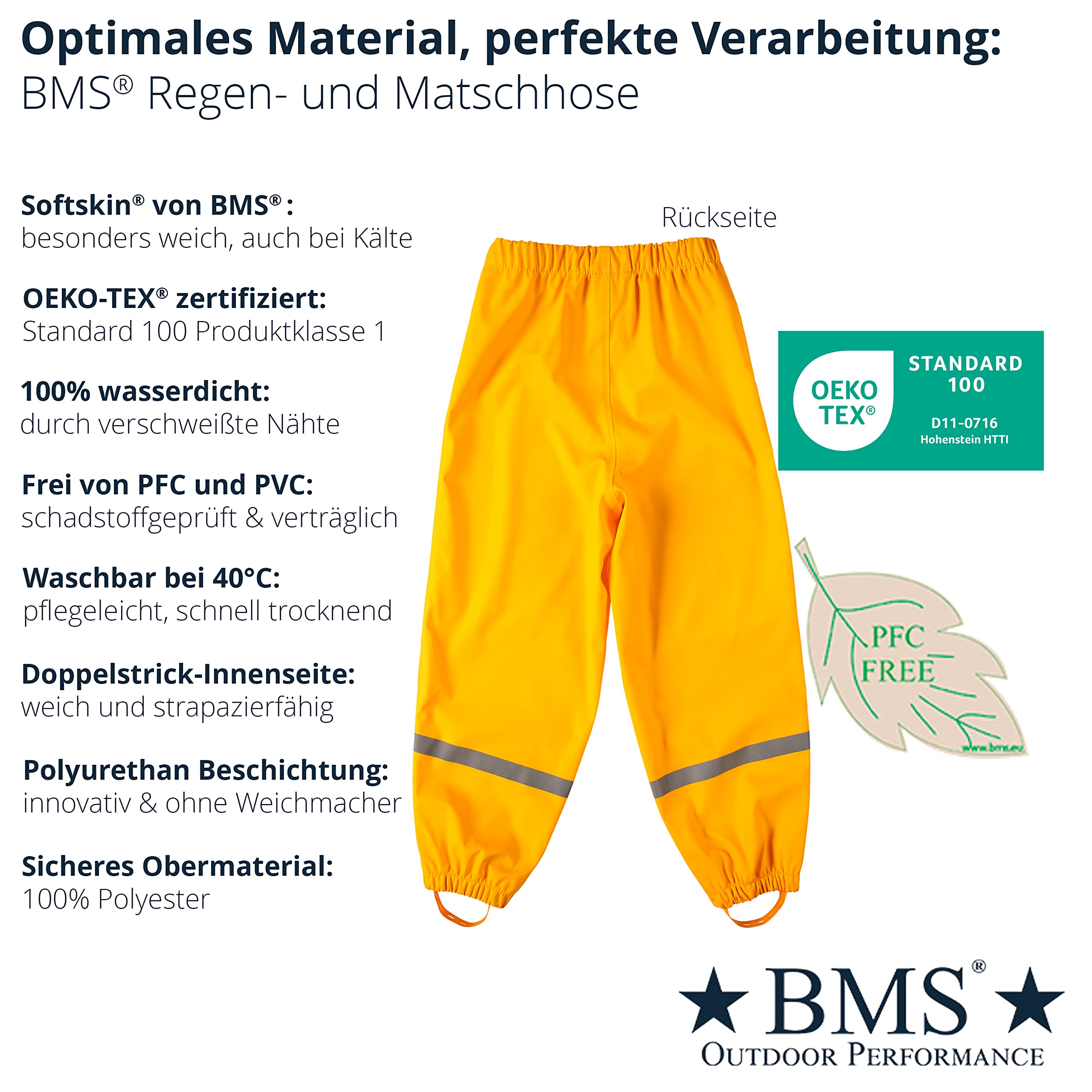 BMS® Regenhose für Kinder ohne Latz, 100% wasserdicht, Softskin, Oeko-Tex, strapazierfähig