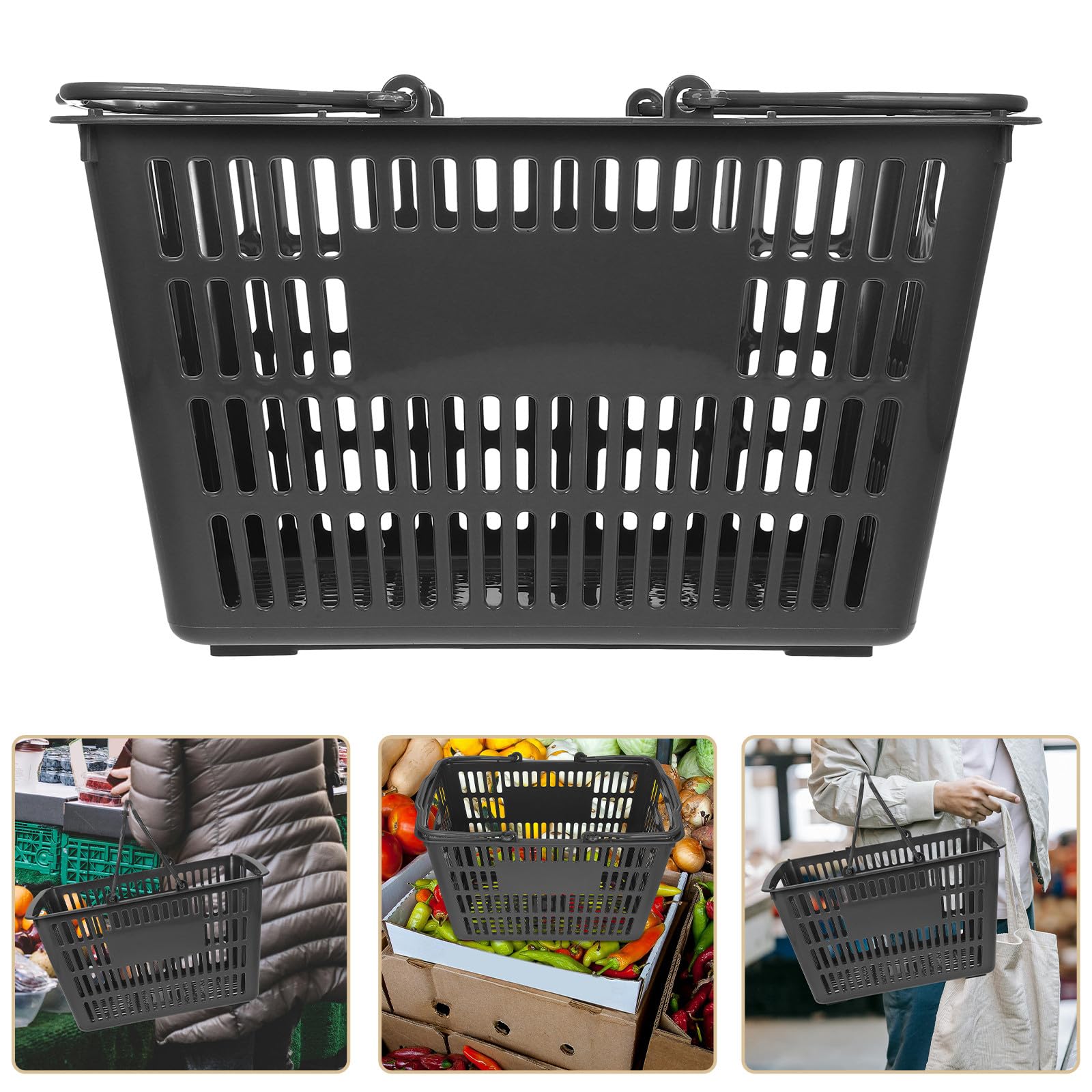 Healeved Tragbarer Aufbewahrungskorb Kunststoff 18l mit Klappbaren Griffen Organizer für Badezimmer Toilettenartikel und Küchengewürze Grauer Einkaufskorb für Supermarkt und Haushalt