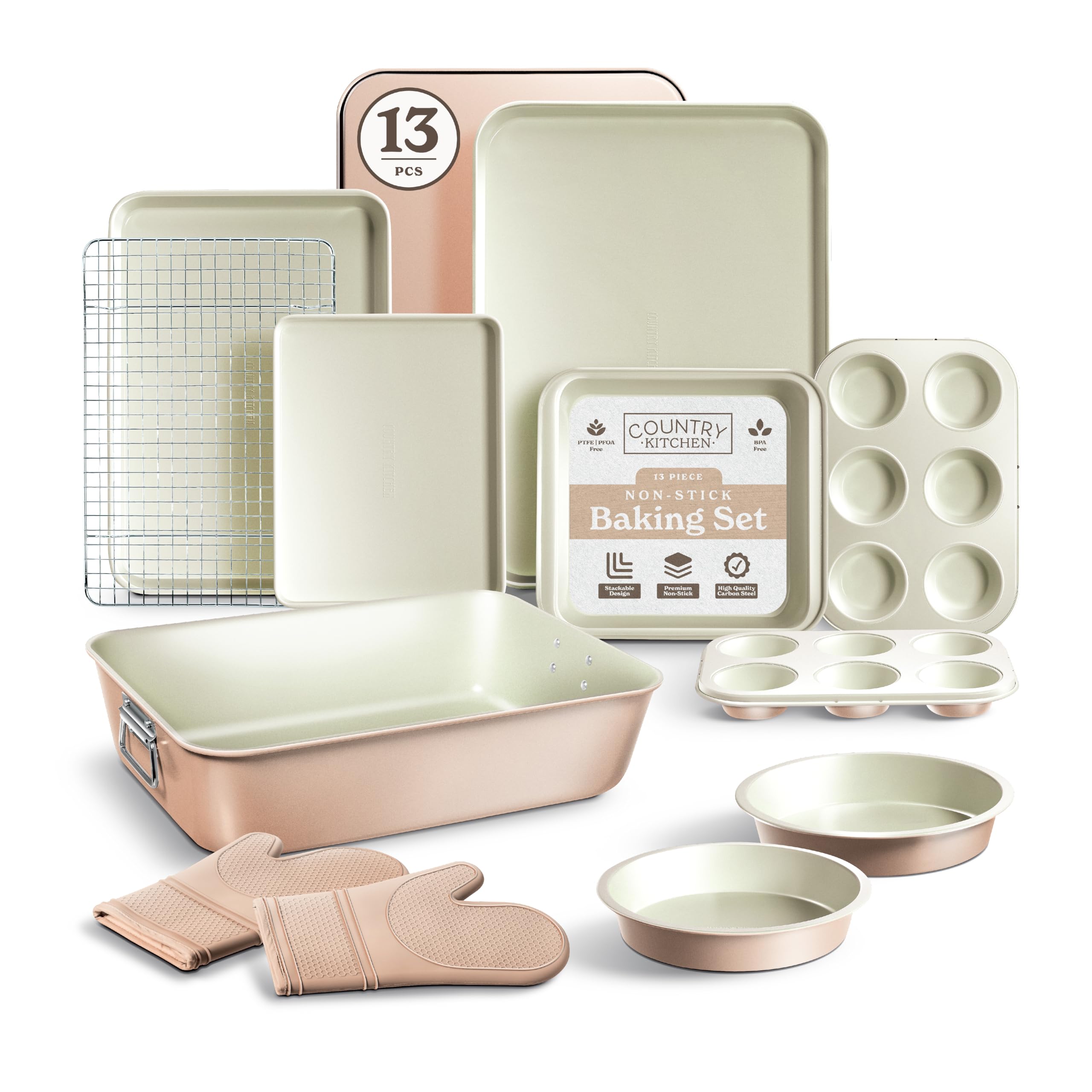 Country Kitchen Nonstick Stackable Bakeware Set - Deluxe Heavy Duty, Durable, Easy Release Baking Set, Taupe, 13 Pcs with Handles