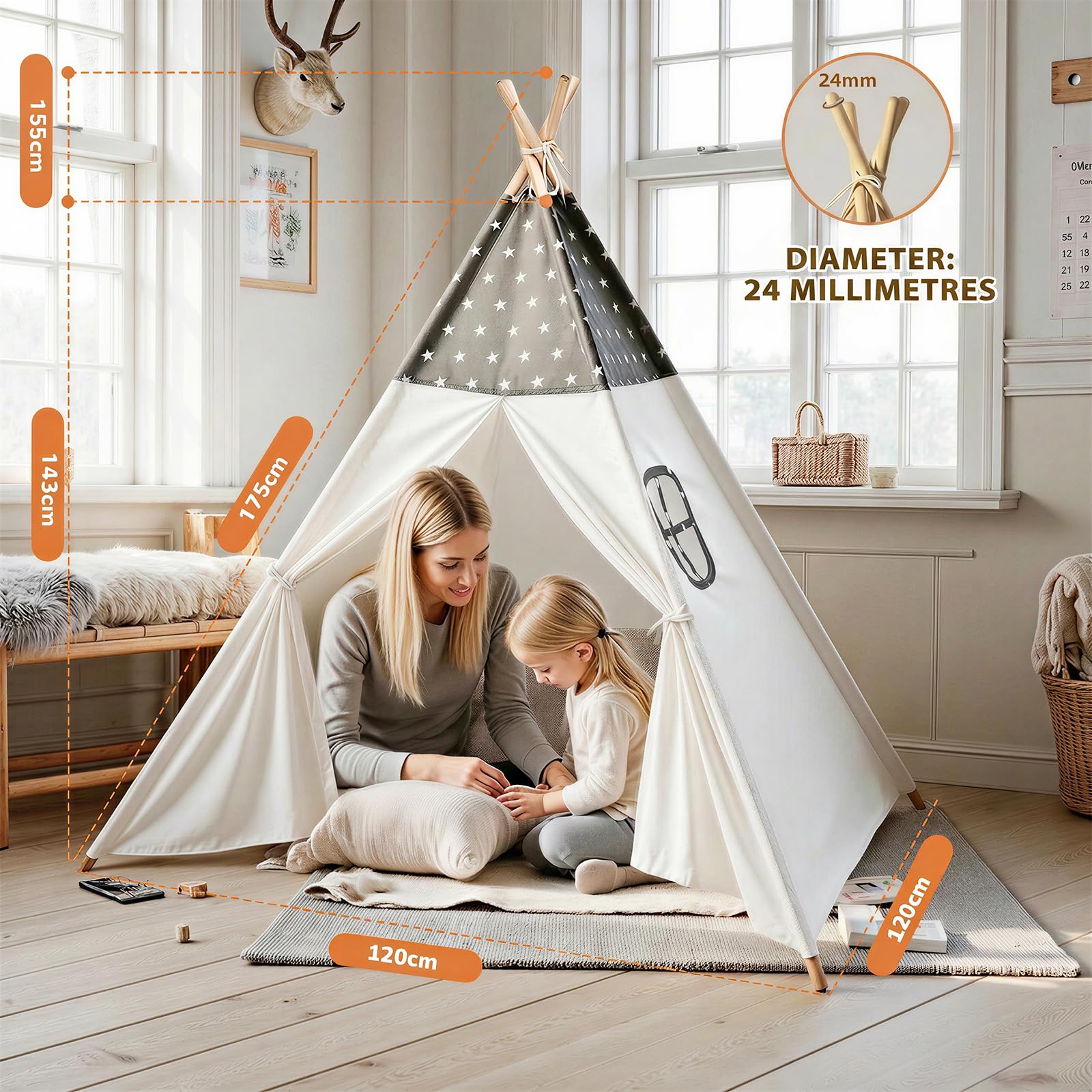 Sumbababy Tipi Infantil, Algodón Tienda de Campaña Interior Madera Portátil Cabañas para Niños, Tienda de Juego