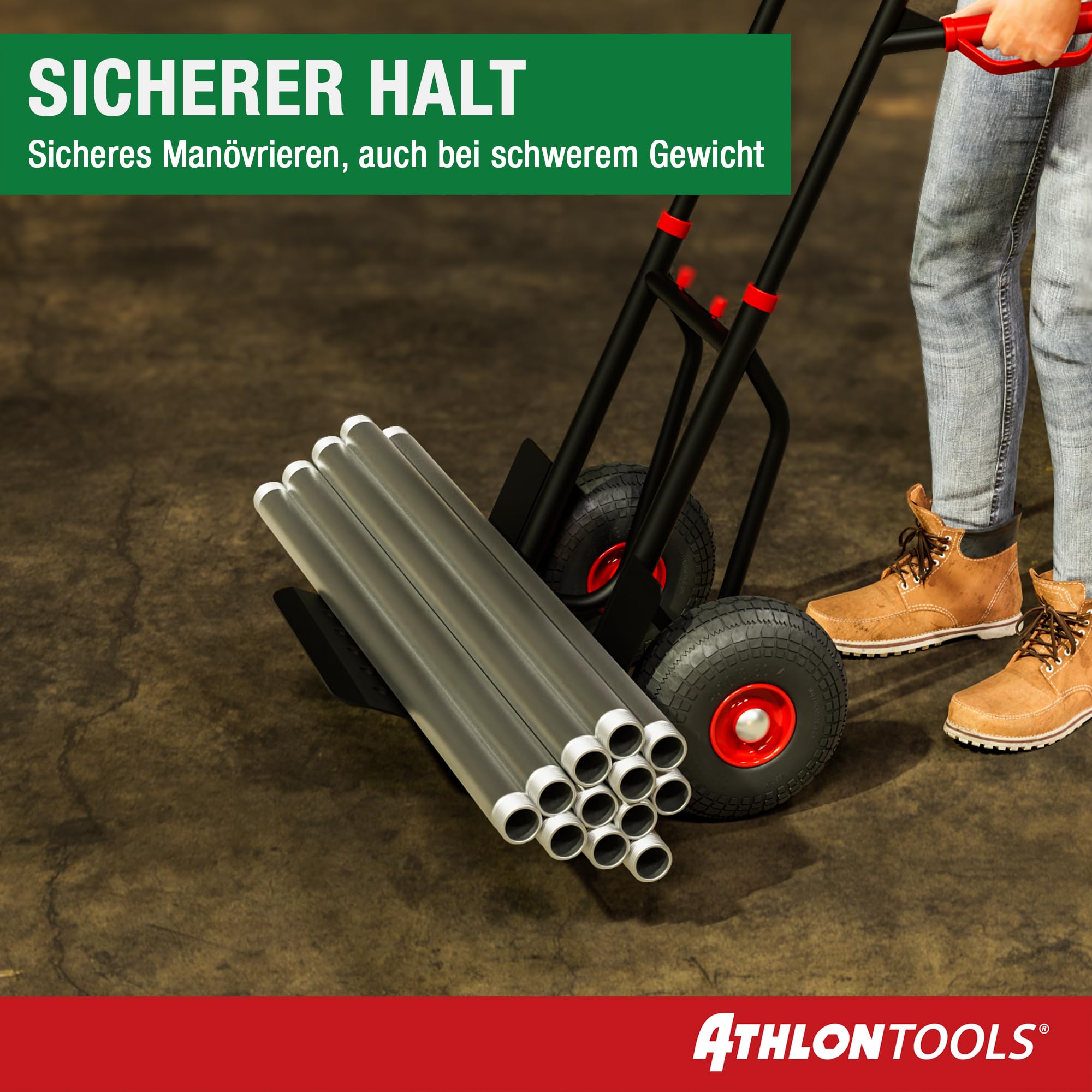 ATHLON TOOLS Schwerlast Sackkarre Vollgummireifen 200kg – Stahlrahmen mit luftgefüllten Reifen, große Räder leichtgängig & stoßarm, platzsparend zusammenklappbar