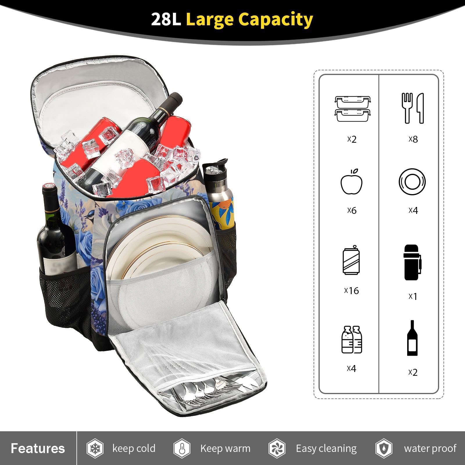 Blue Rose Flowers Birds Cooler Backpack Cooler Insulated Leak Proof Lunch Backpack 36 Cans Waterproof Soft for Men Women Picnic Hiking Camping Beach