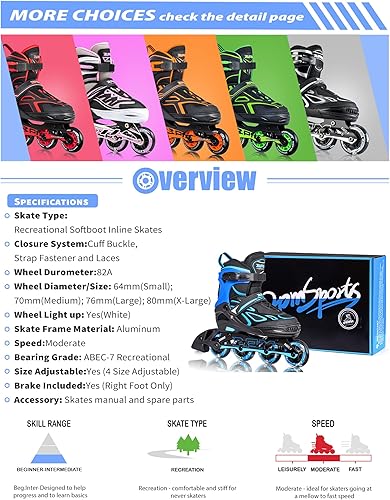 Miniatura 6 de Patines en línea Vinal de 2PM SPORTS, ajustables, con luces, para niños, todas las ruedas iluminadas, divertidos patines para niños y hombres, color