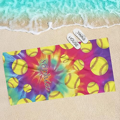Miniatura 4 de Toalla de playa de sóftbol de teñido anudado personalizada con nombre, toallas de baño a prueba de arena para natación y deporte, 30 x 60 pulgadas