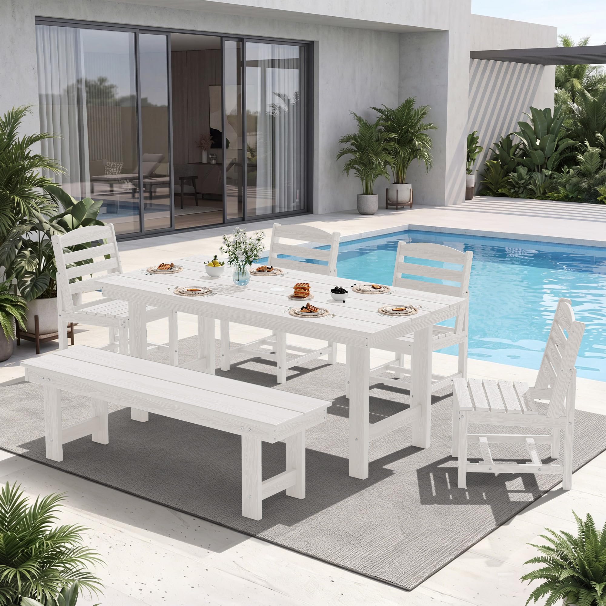 KINGYES 6-Piece Patio Dining Set, HDPE Table Bench and Armless Chairs White