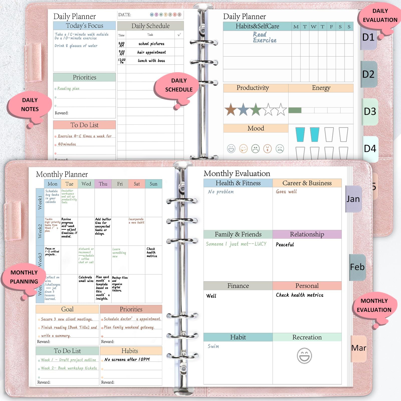 ADHD Planer A5, wkłady do planera, codzienne, tygodniowe, miesięczne, 120 arkuszy/240 stron na 6 segregatorów, niedatowane wkłady do planerów, kolorowy papier do uzupełniania listy rzeczy do zrobienia