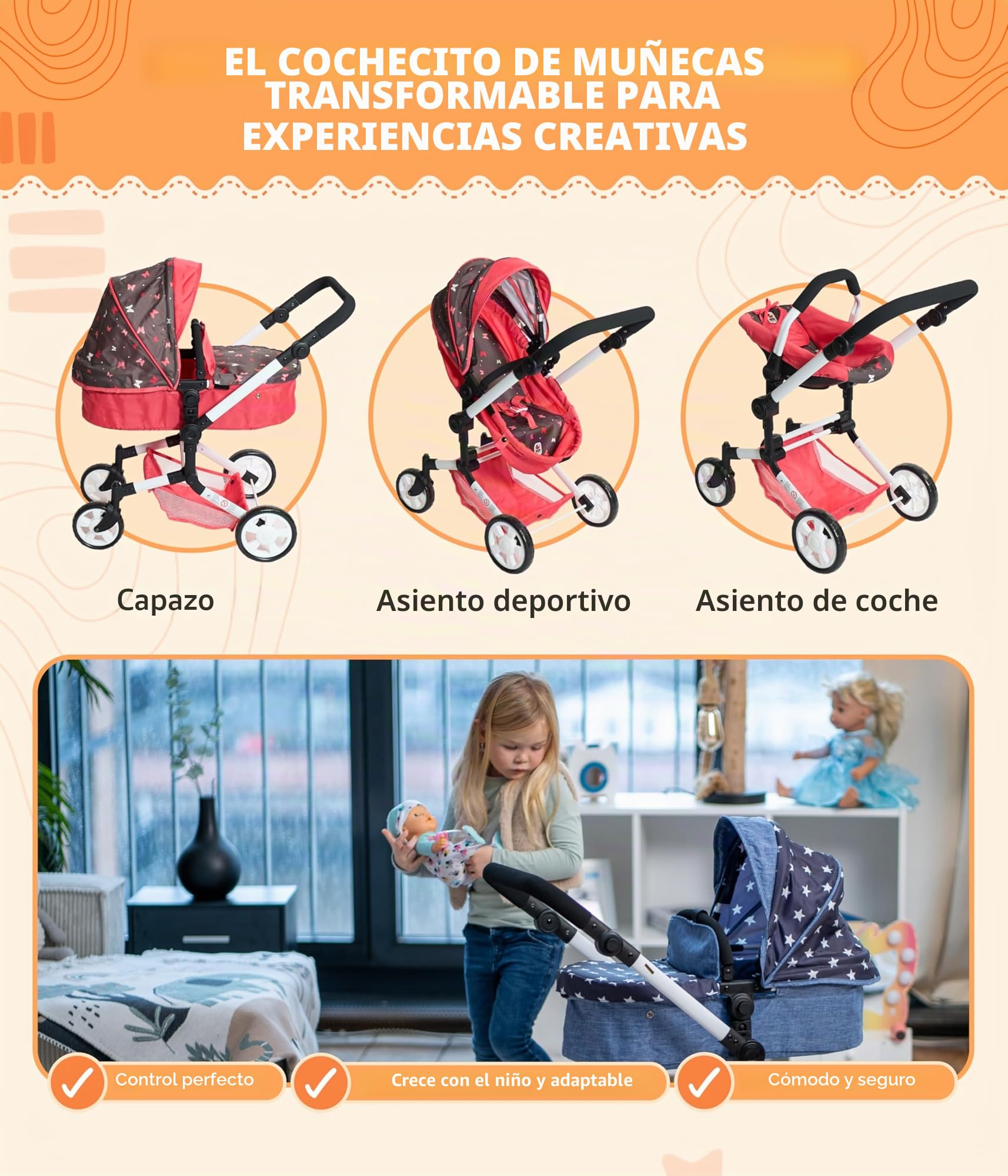 Bayer Chic 2000 - Cochecito para muñecas Linus, 3 en 1 para niños de 4 a 8 años, Juego de Cochecito para muñecas, Vaqueros Grises