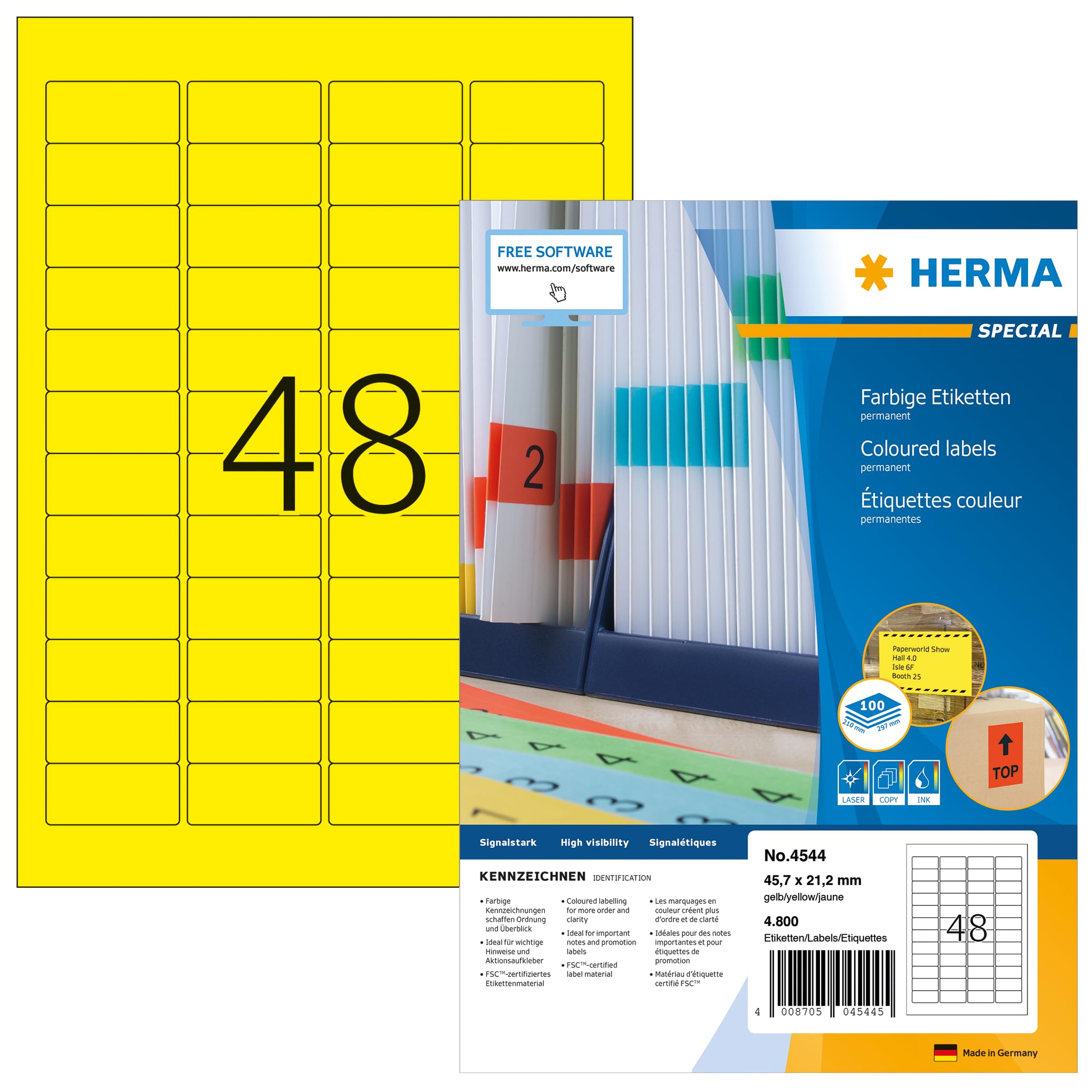 HERMA Yellow Coloured Labels, 4800 Labels, 45.7 x 21.2 mm, 100 Sheets, Self-Adhesive, Suitable for Inkjet & Laser Printers