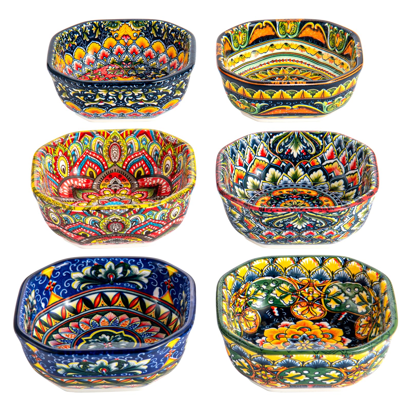 Henten Home Dip Bowls Porcelain, Snack Bowls & Dip Bowls/Square Bowl Set of 6-240 ml, Appetizer Plates/Colourful Bowls for Snacks, Dessert - Bohemian Style