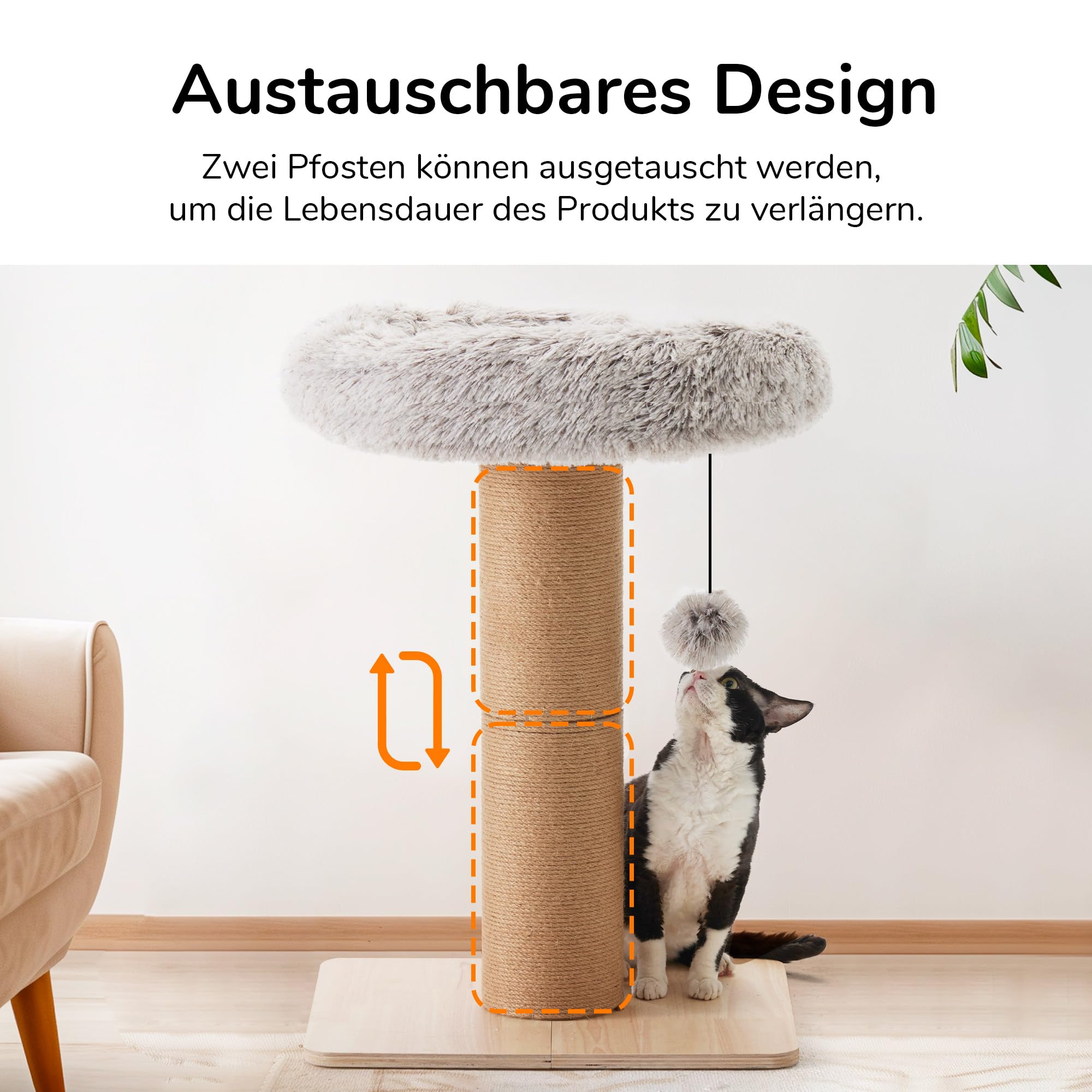 FUKUMARU Katzenkratzbaum, 71 cm hoher Kratzturm, Durchmesser von 14 cm Dicker Jutestamm（Große Kratzfläche）,53x53cm Plattform, für Katzen zum Kratzen und schlafen.