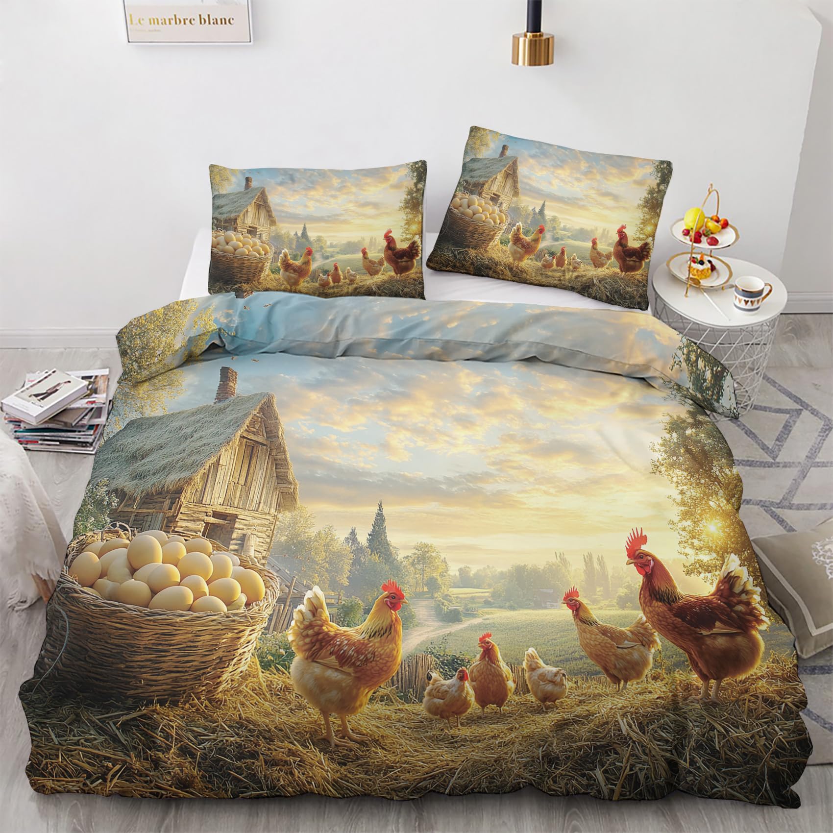 Housse de couette 220x240 coq et poule pour lit double rustique chic