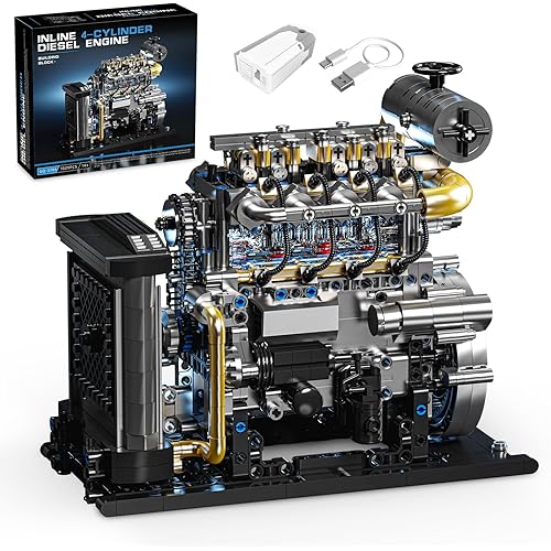 Diesel Engine Model Kit That Runs for Adults, MOC Mini Inline 4-Cylinder Diesel Engine Building Set with Motor, Compatible with Lego, Mechanical Engineering STEM Toy for Teens (1029 PCS)