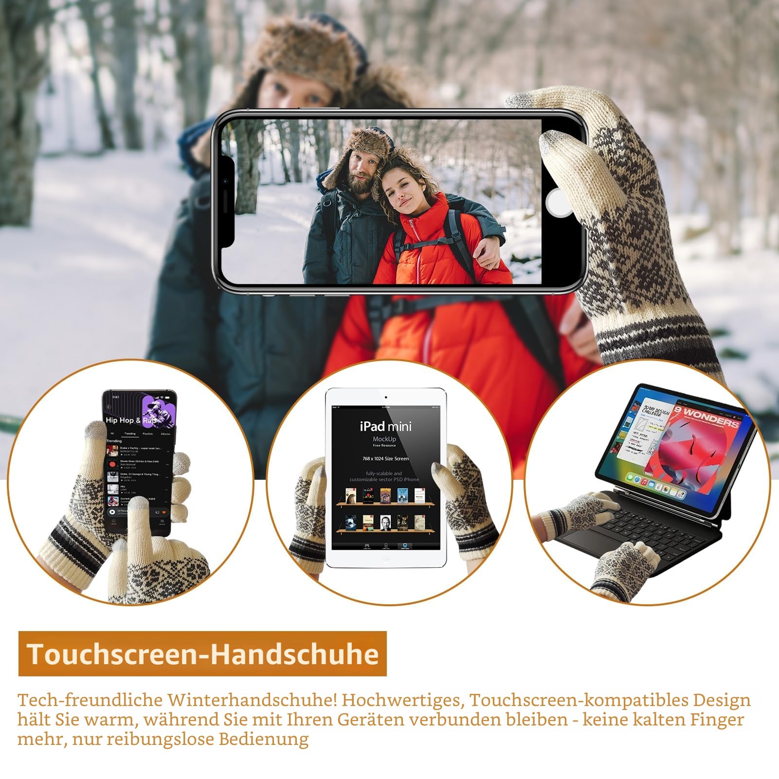 Mütze Schal Handschuh Set Winter Weich Warm Pelzgefütterte Bommelmütze Langer Schal und Touchscreen Handschuhe Set 3-teiliges Retro Schneeflockenmuster Gestrickte Damen Unisex
