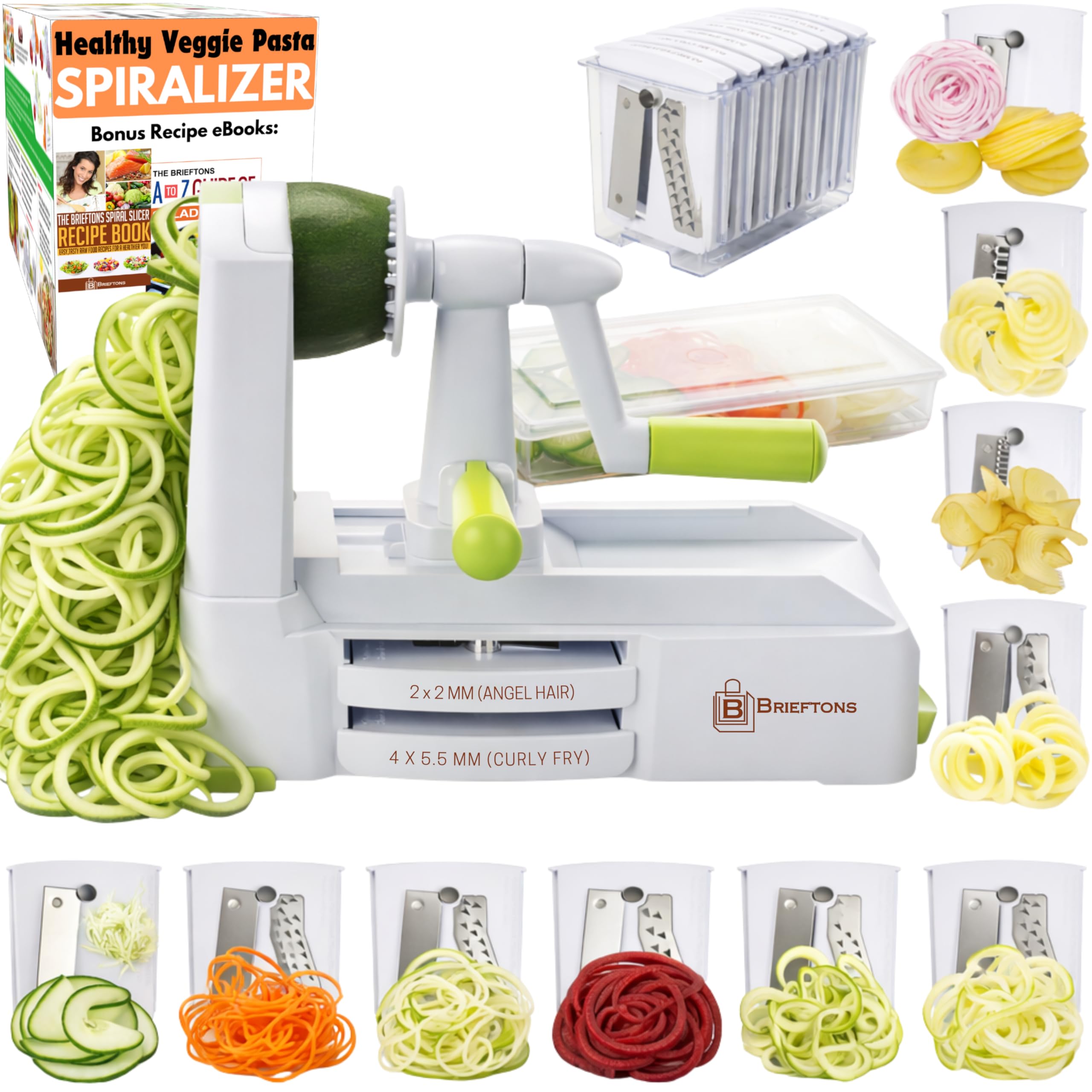10-Blade Spiralizer: Strongest-and-Heaviest Vegetable Spiral Slicer, Best Veggie Pasta Spaghetti Maker for Low Carb/Paleo/Gluten-Free, with Blade Caddy, Container, Lid & 4 Recipe Ebooks