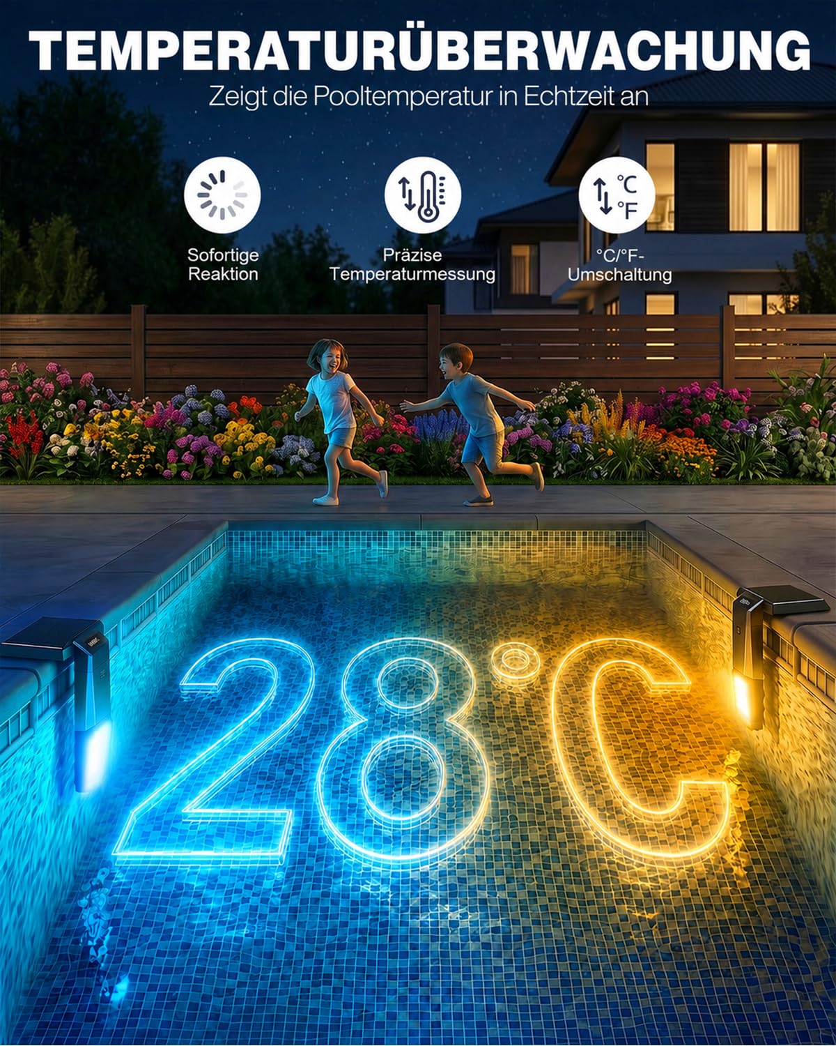 Teleskopierbar Poolbeleuchtung Solar mit Poolthermometer | RGB-Farbe, Einstellbare Helligkeit, Mit Fernbedienung, Unterwasser, Für verschiedene Poolarten