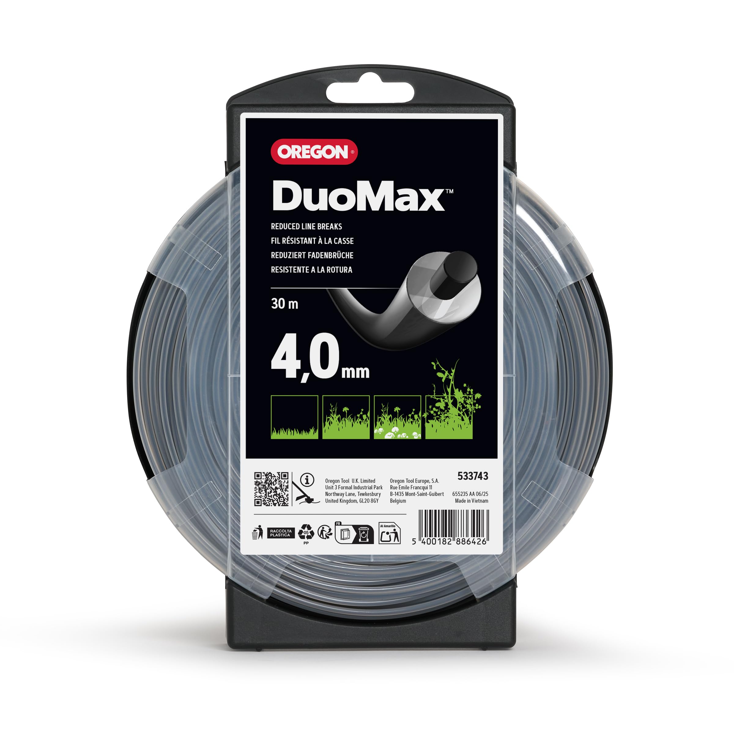 Oregon Hilo Material dual para Desbrozadora 4mm, Hierba, Maleza, Vegetación y más, Hilo de Nylon de Gran Resistencia, Compatible con la Mayoría de Modelos Estándar, 4.0mm x 30m (533743)