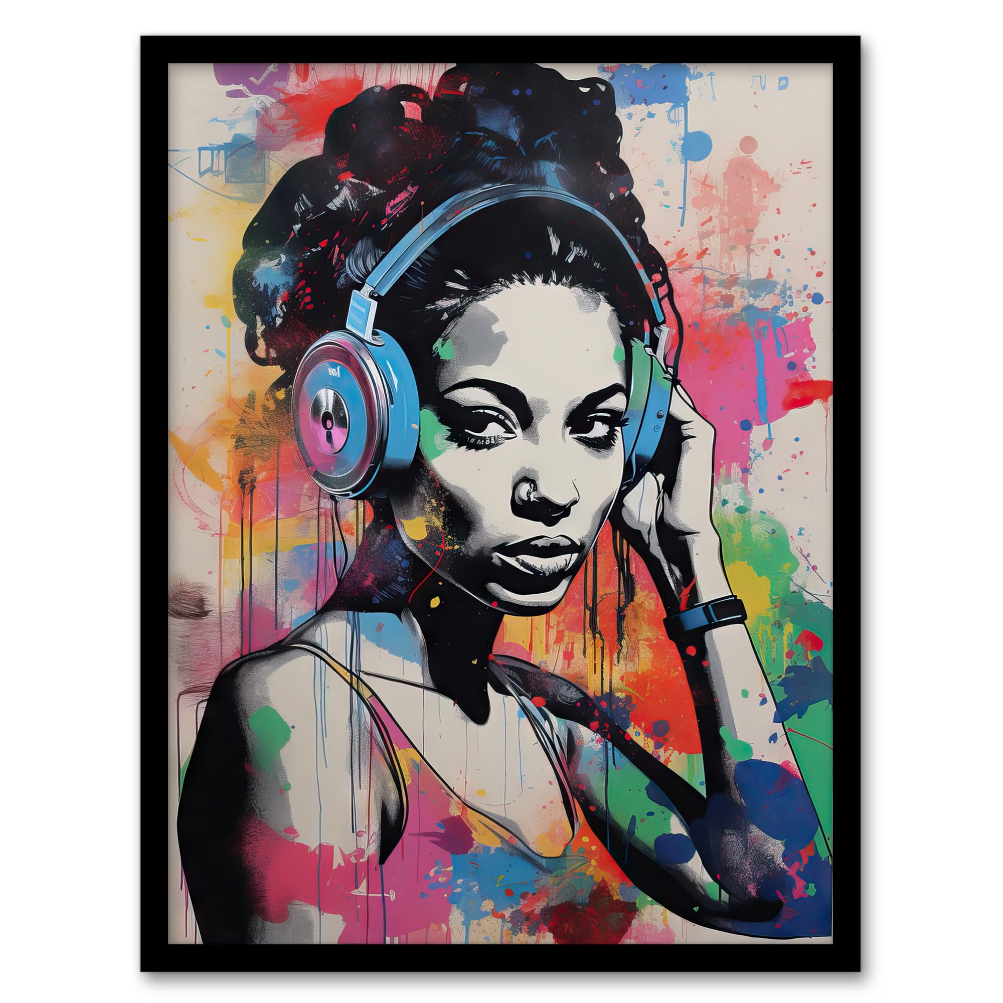 Artery8 Woman Wearing Headphones Splat Art Colourful Painting Wall Mural Detail Baltimore Club Music Artwork Framed Wall Art Print A4