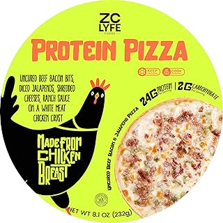 ZC LYFE 10" Gluten Free Beef Bacon & Jalapeno Frozen Pizza, Keto Healthy Frozen Meals, Chicken Breast Crust, Thin, High Protein (24g/serv) and Low Carb (2g/serv), Oven or Air Fryer (Pack of 6)