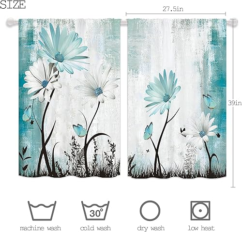 Miniatura 3 de Cortinas rústicas de cocina con margaritas azules y verde azulado, flores blancas, pequeñas, cortas, modernas, para baño, tratamiento de ventanas,