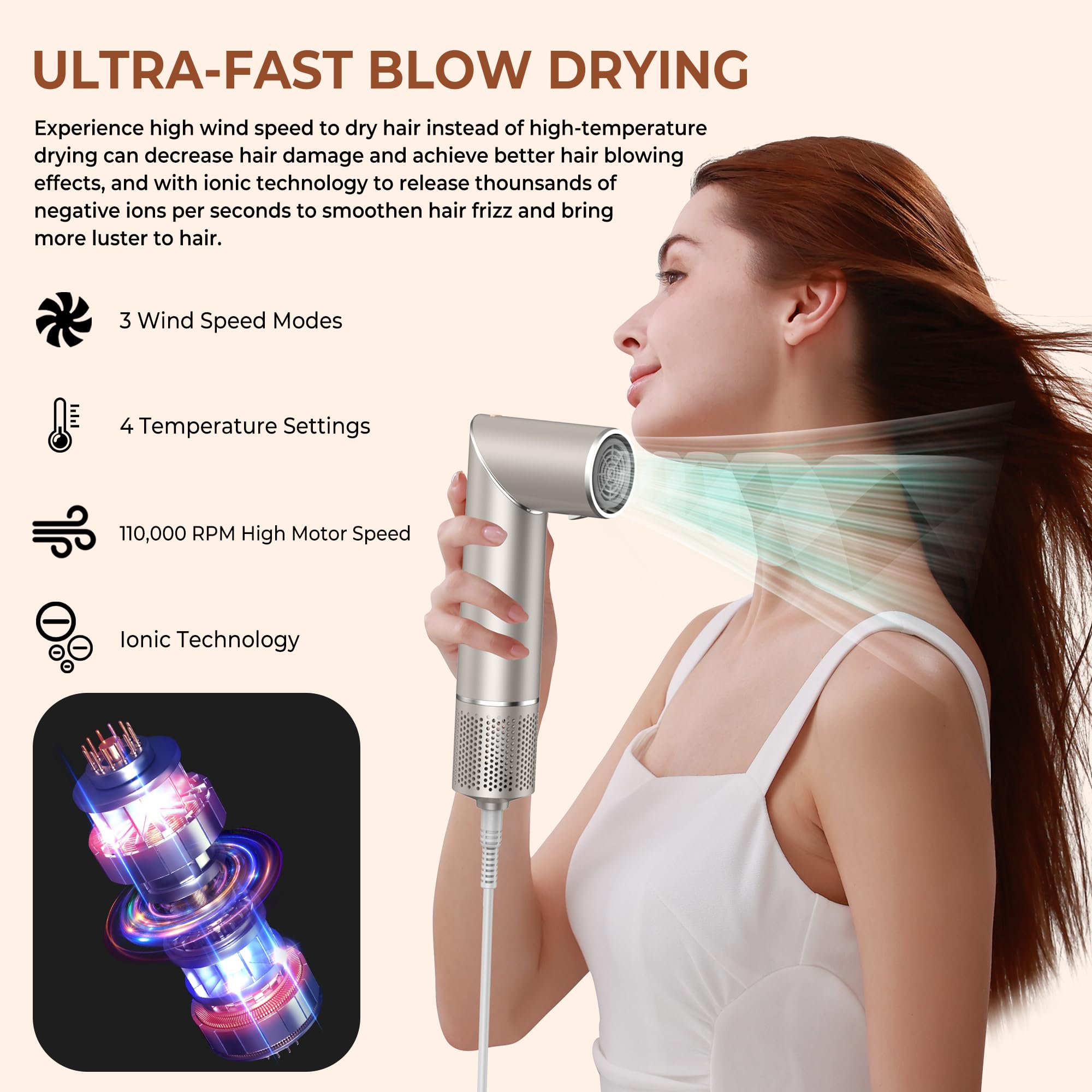 UKLISS 7 in 1 Pro Airstyler & Ionen Föhn [110,000RPM] High-speed Haartrockner Ionen Hair Dryer, mit Heißluft Lockenwickler Thermal Brush Haarglätterbürste Warmluftbürste Föhnbürste, 1200W/Gold