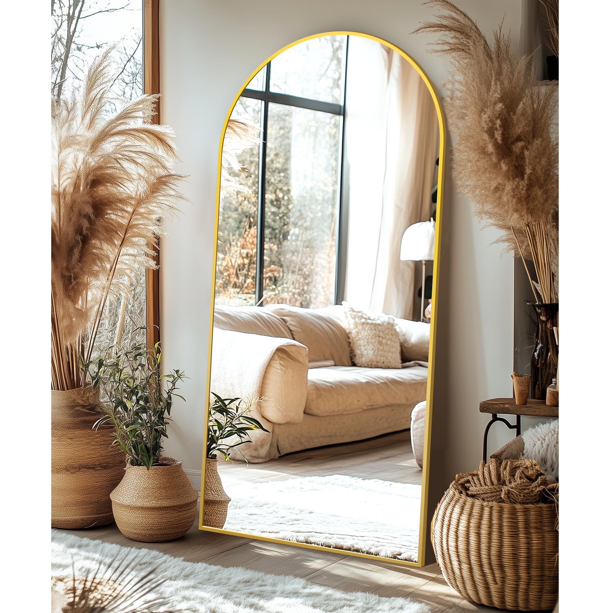 Delma Arched Mirror Full Length,Standing Mirror Full Body,Large Floor with Stand for Wall Entryway Door Bedroom Bathroom Living Room: Gold Frame 75"L x 35"W