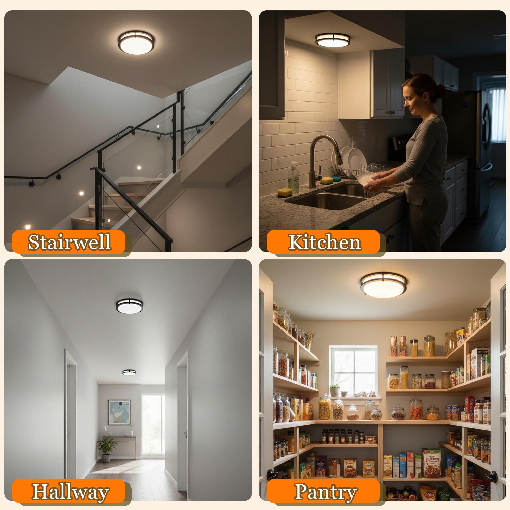 FishBelly Plafonnier LED Noir 30,5 cm pour Entrée, 2700K 3000K 3500K 4000K 5000K, Dimmable, Étanche, Plafonnier LED pour Salle de Bain, Cuisine, Entrée, Plafonnier Rond pour Couloir, 23W, 1400-1650LM