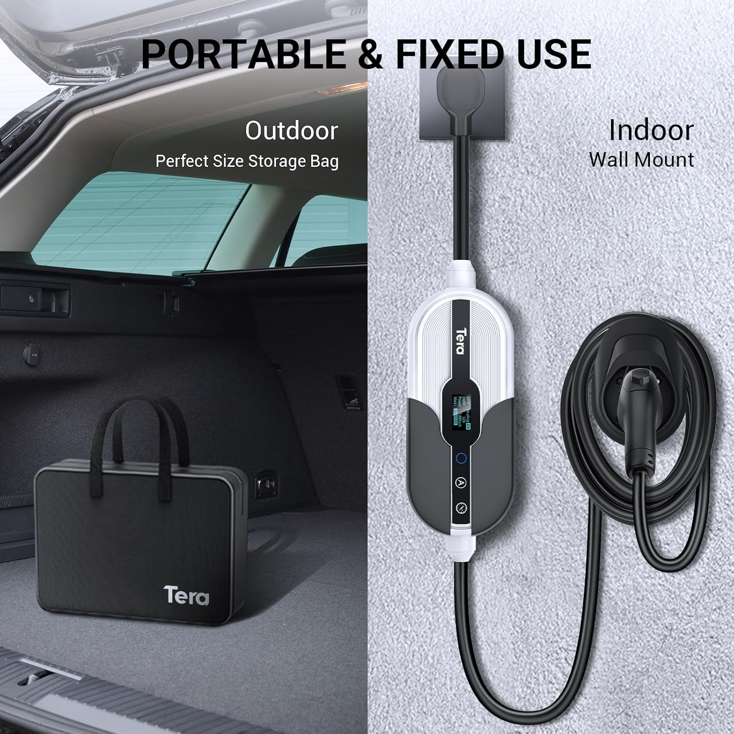 Tera Electric Vehicle Charger Level-1: Level 2 for Tesla J1772 EV 32A 8A 110V 240V Portable & Wall Connector Dual Use ETL NEMA 14-50 & 5-15 Wi-Fi Enabled 25FT Cable with Holder P01
