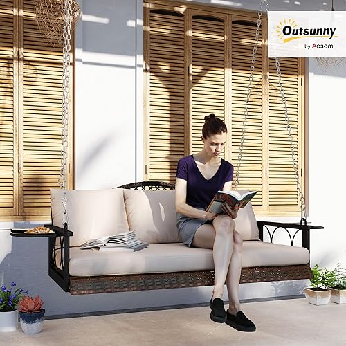Miniatura 2 de Outsunny Silla columpio de mimbre para 3 personas, resistente, 800 libras con soporte para tazas, 57 pulgadas, ratán al aire libre, banco colgante