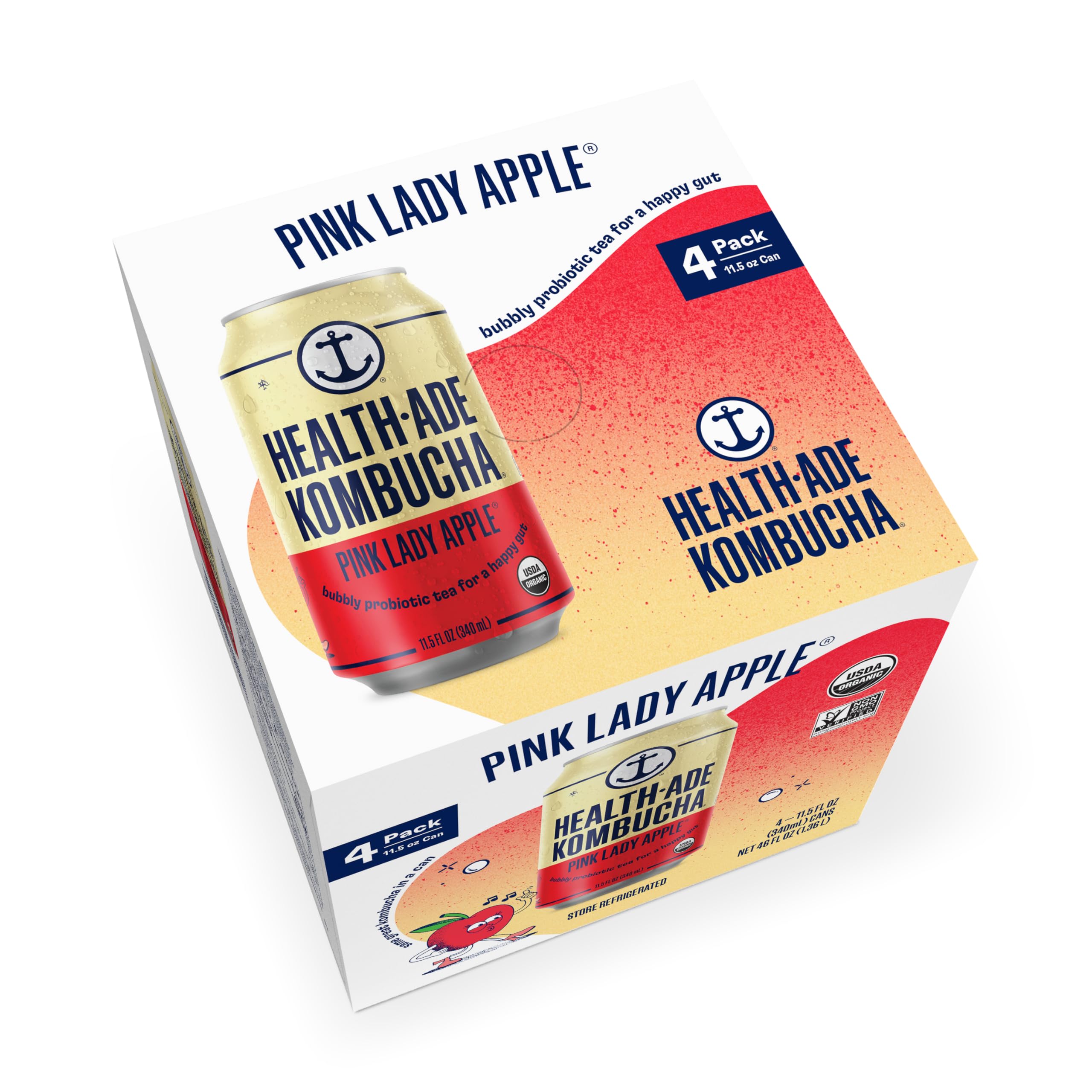 Health Ade, Kombucha Apple Pink Lady Can 4 Pack Organic, 46 Fl Oz
