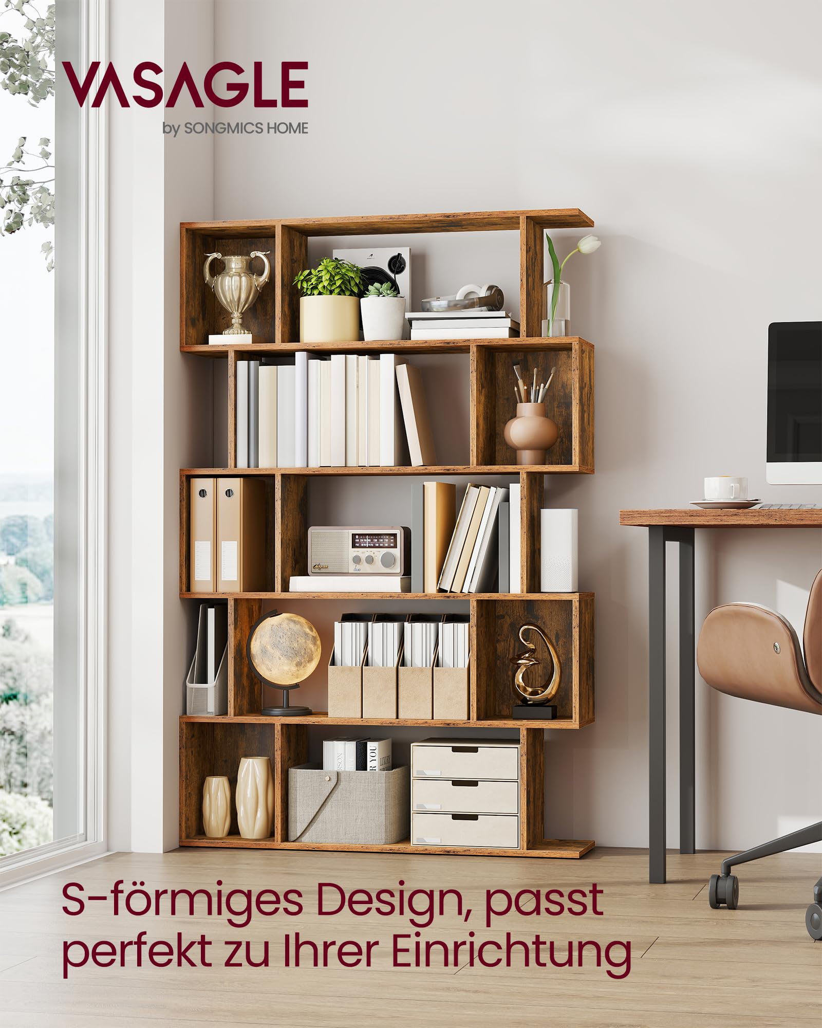 VASAGLE Custos Kollektion - Bücherregal mit 5 Ebenen, Standregal, 24 x 90 x 159 cm, Aufbewahrungsregal mit offenen Fächern, für Wohnzimmer, Schlafzimmer, Arbeitszimmer, vintagebraun LBC416K01