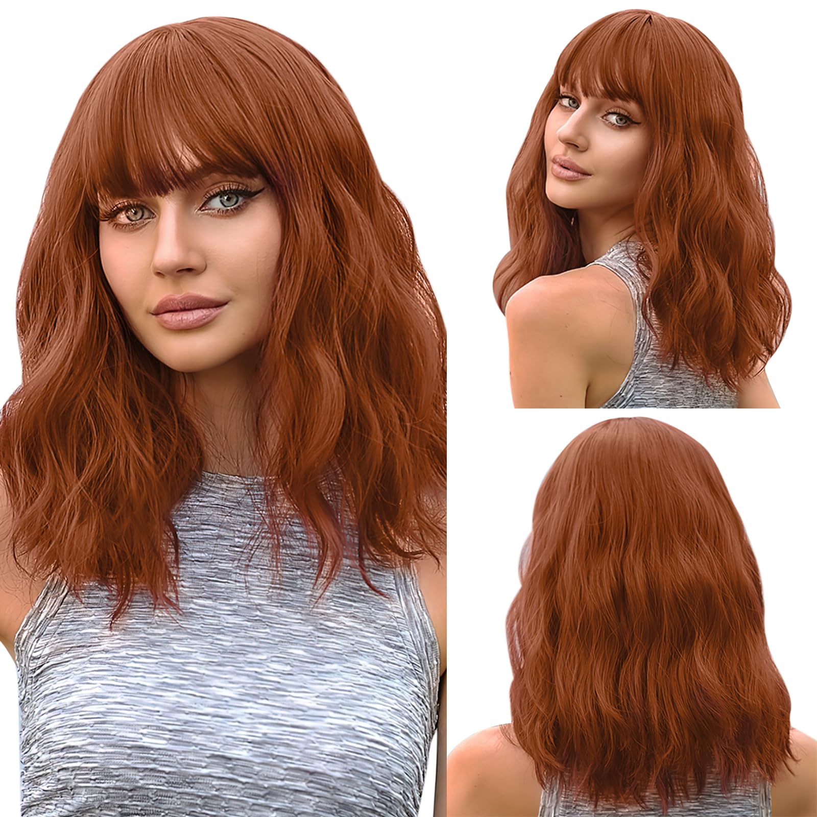 TESS Wigs, Copper Wigs,Wig with Bangs,Short Wigs,Wigs for White Women,Synthetic Bob Wigs for Cosplay or Halloween events,Parties,Daily Use,Fun and Playful Cosplay Wig,Curly Wavy wigs,12" Copper Red