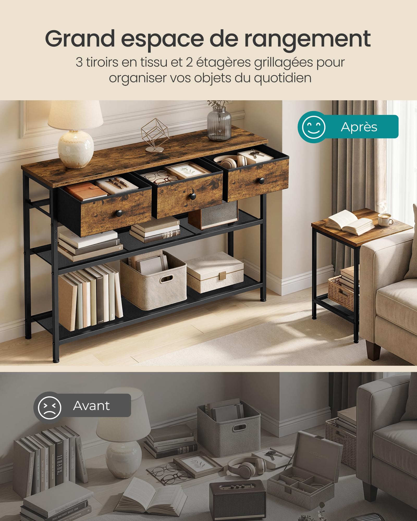 SONGMICS BELLAH Collection - Table Console, Bout de Canapé Fin, Table d’Entrée avec 2 Étagères Grillagées, pour Salon, Couloir, 30 x 98,8 x 78,7 cm, 3 Tiroirs en Tissu, Marron Rustique LGS098K101