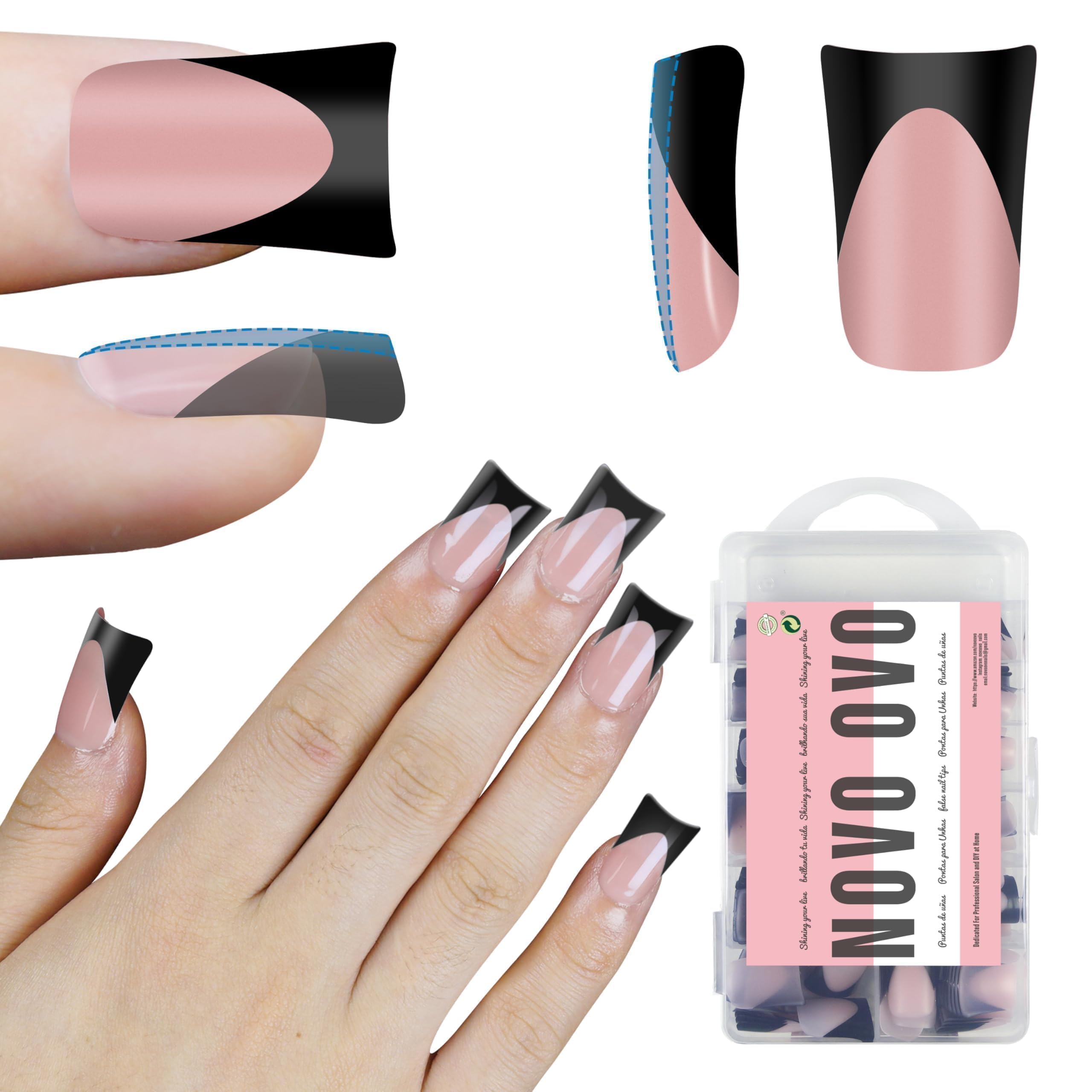 NOVO OVO Halloween Black French Tip Short Duck Nail Tips Press on, BABY PINK Pre-designed Soft Gel Nail Extension