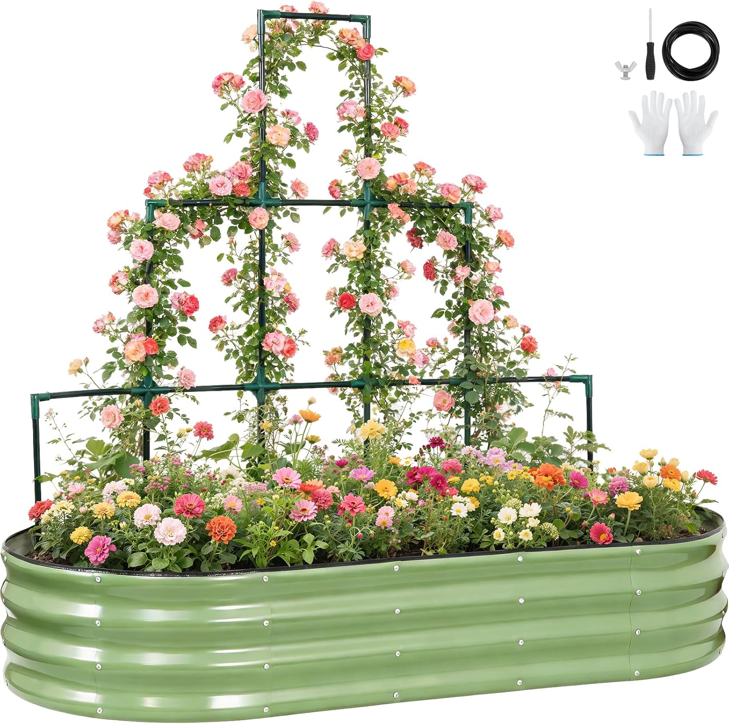 Galvanized Raised Garden Bed with Wall Trellis | 6x3x1FT Metal Raised Garden Beds Outdoor for Gardening Climbing Plants | Planter Box Outdoor with Gloves for Vegetable Flower, OliveGreen