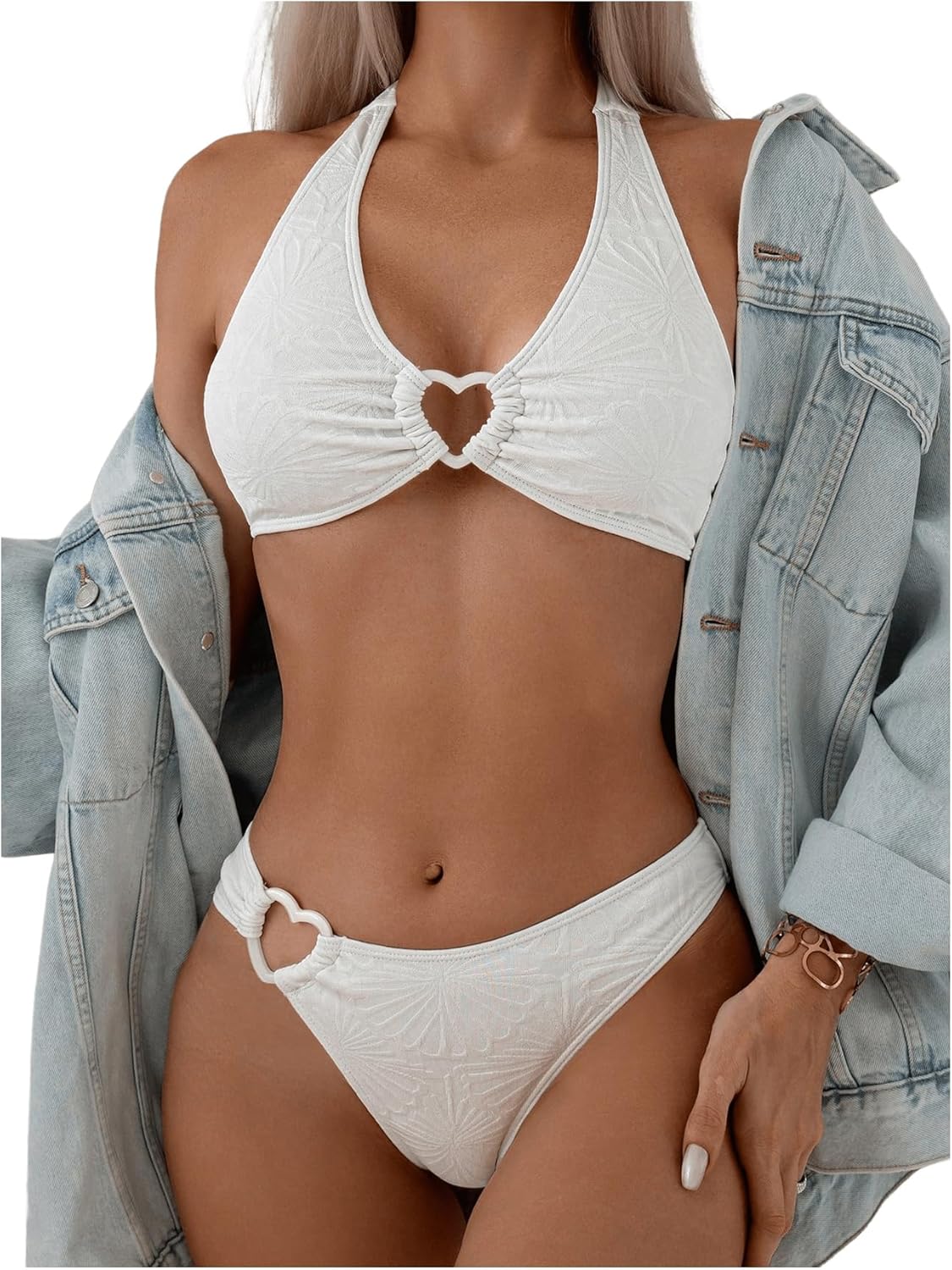GORGLITTER Women's Heart Ring Bikini Set High Waisted Thong Swimsuit Textured Wireless Bra Bathing Suit Large Solid White