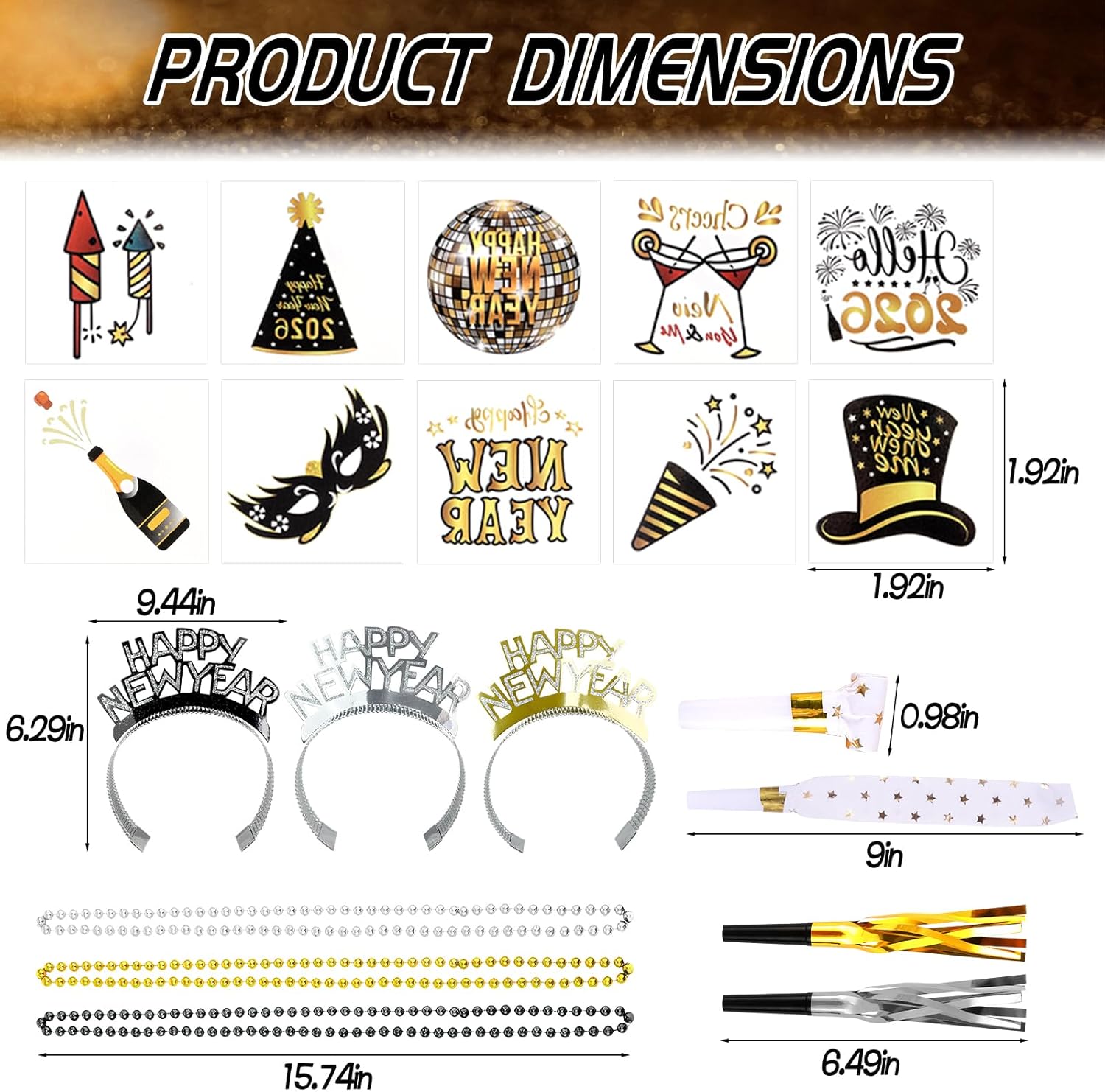 CIEOVO New Year Eve Party Supplies 2026, Black Gold Happy New Year 2026 Cone Hats New Years Eve Hats Glasses Party Blowouts Tattoos Bead Necklaces for NYE Party Favors 2026 Decorations - Image 3