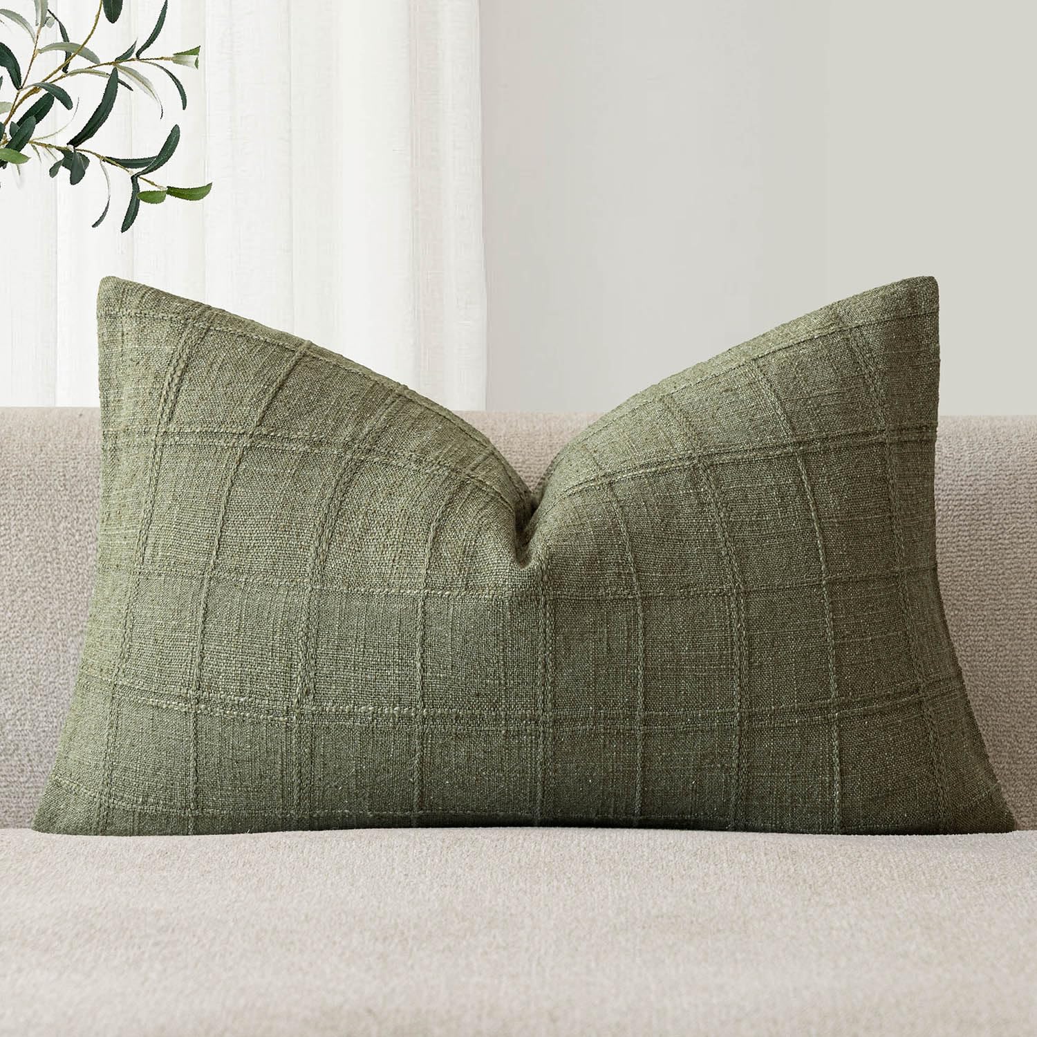 Foindtower Set of 1 Decorative Linen Check Throw Pillow Cover Neutral Farmhouse Lumbar Cushion Cover Modern Boho Home Decor for Sofa Chair Couch Bedroom Living Room Outdoor,12×20 Inch,Sage Green