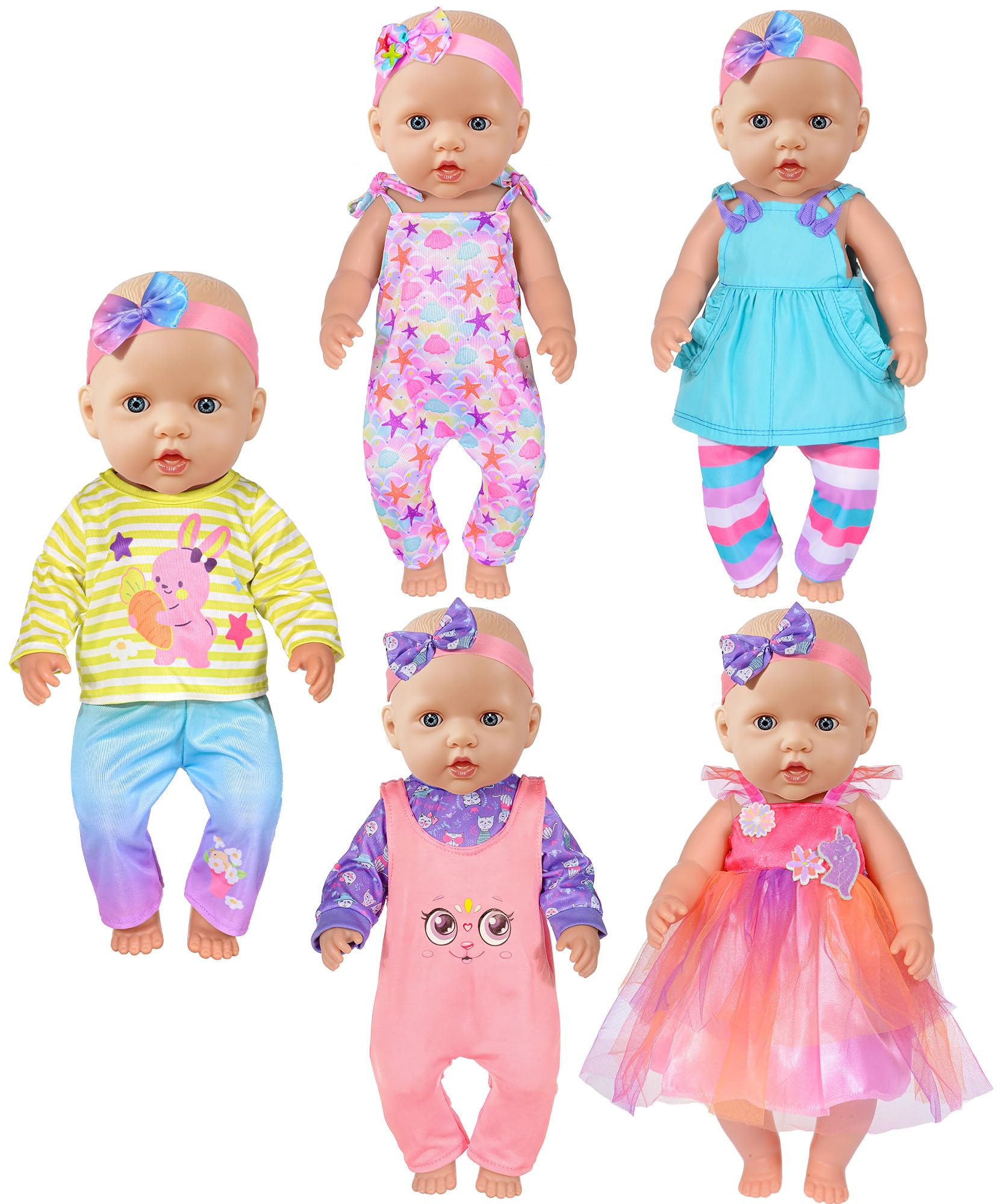 5 Sets Doll Clothes and Accessories for 43cm/ 17 inch New Baby Dolls include Outfits, Dress, Headband (Doll Not Included)