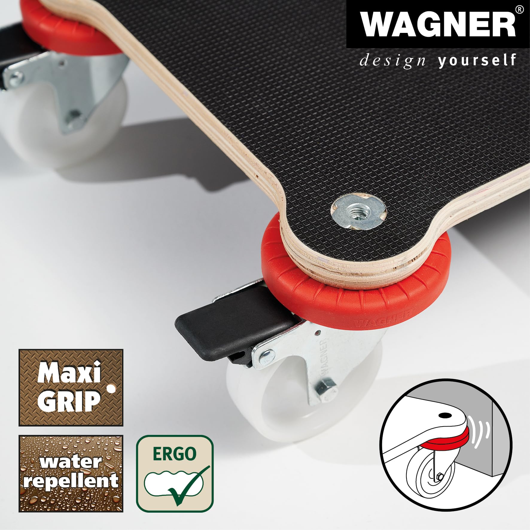 WAGNER design yourself Carrello da trasporto MM 1365, 71x31cm, ideale per trasporto de contenuto sensibile, portata 200 kg, antiscivolo, adatto alle pareti e mobili, 2 freni, Marrone/Rosso, 20136501