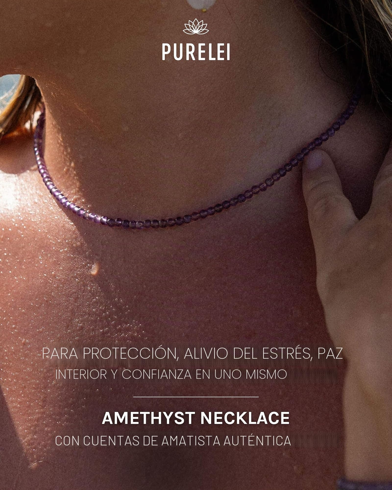 Purelei® Collar de amatista, collar para mujer de acero inoxidable resistente, collar impermeable de perlas de amatista natural, longitud ajustable de 35-40 cm