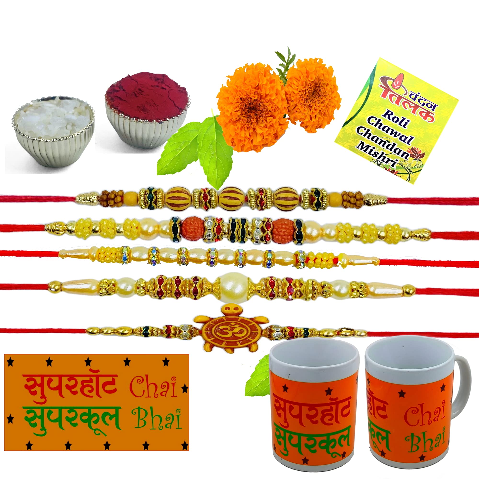 Almoda Creations Rakhi for my brother sweet combo for your sweet brother 5 pcs rakhi set with tika and akshat with a mug printed superhot chai supercool bhai
